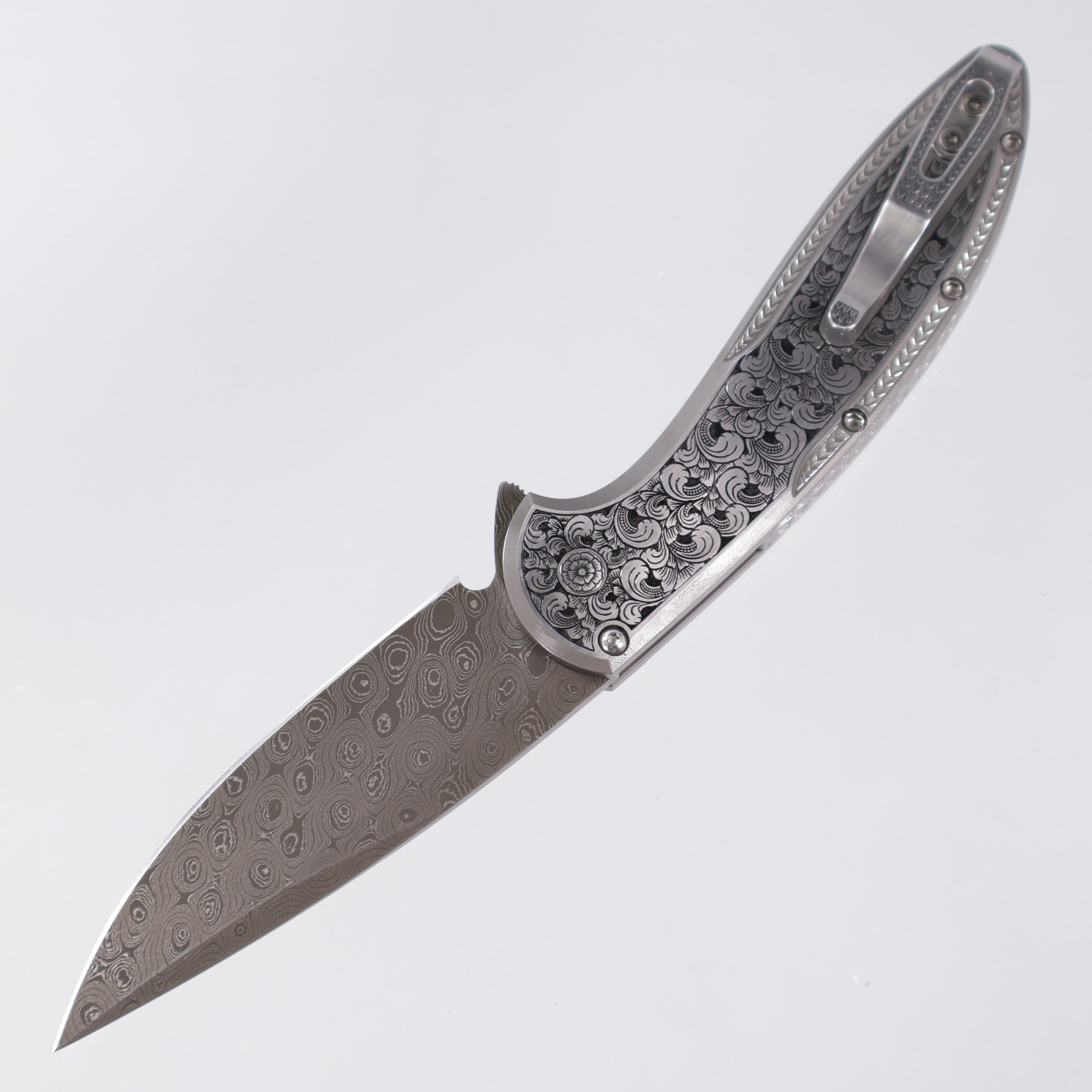 Protech Cambria 2 2025 Ultimate Custom 012 - Bruce Shaw fully engraved 17-4 steel handle w/ Black Lip Pearl inlay & button - Chad Nichols Damascus (Option #2)
