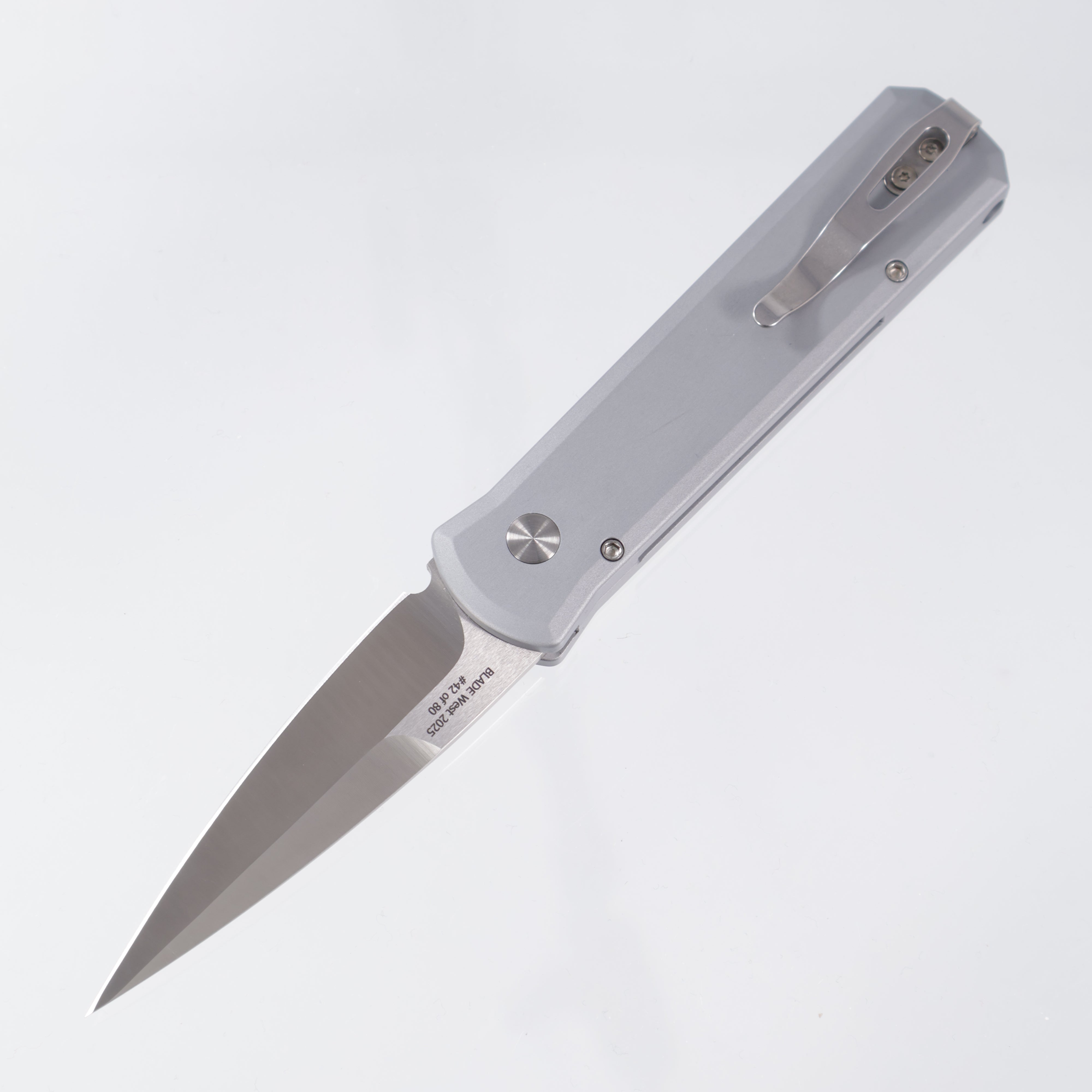 Pro-Tech Godson - Grey Aluminum w/ Purple Marbled Carbon Fiber Inlay & Abalone Button - Satin 20CV - BSW25.Godson.2