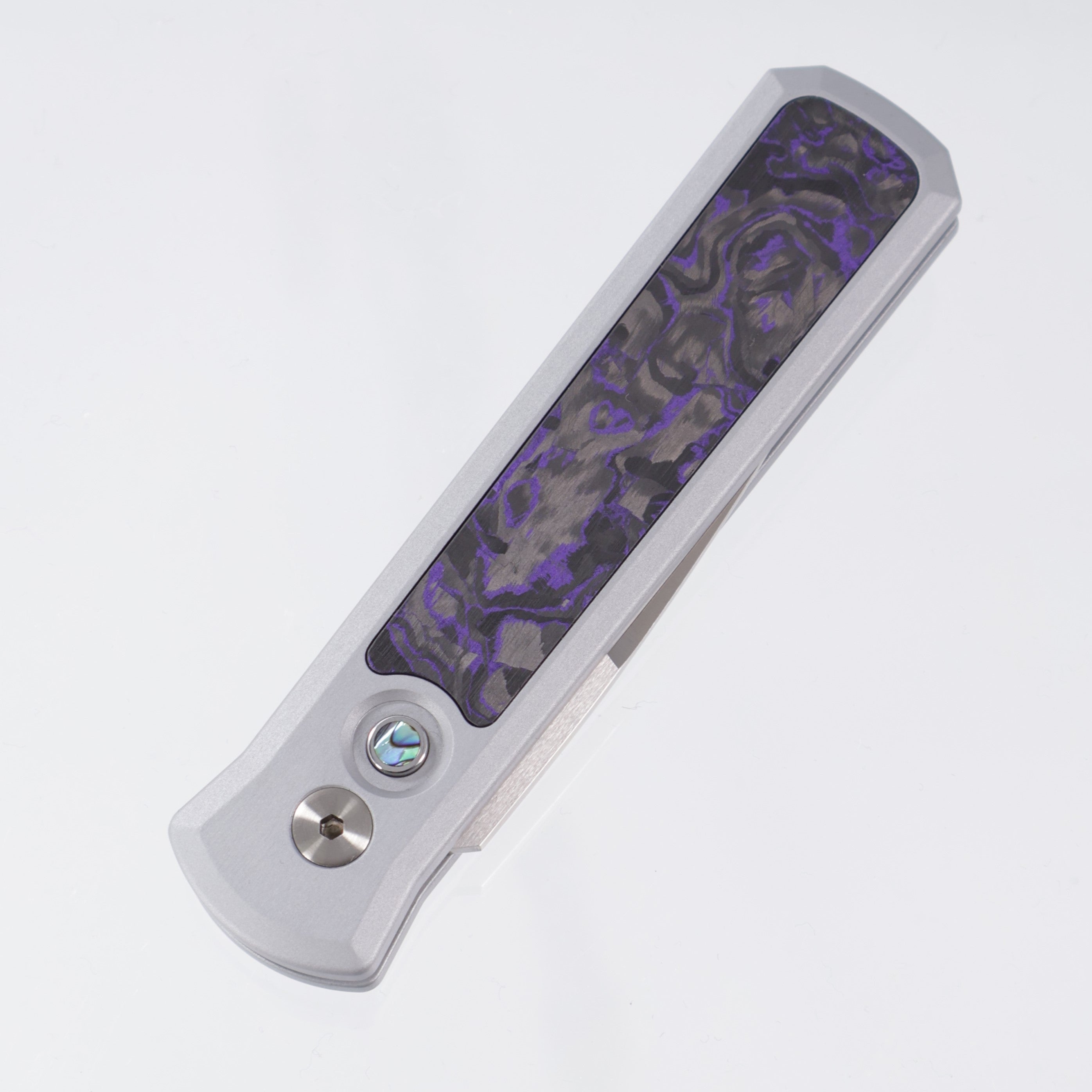 Pro-Tech Godson - Grey Aluminum w/ Purple Marbled Carbon Fiber Inlay & Abalone Button - Satin 20CV - BSW25.Godson.2