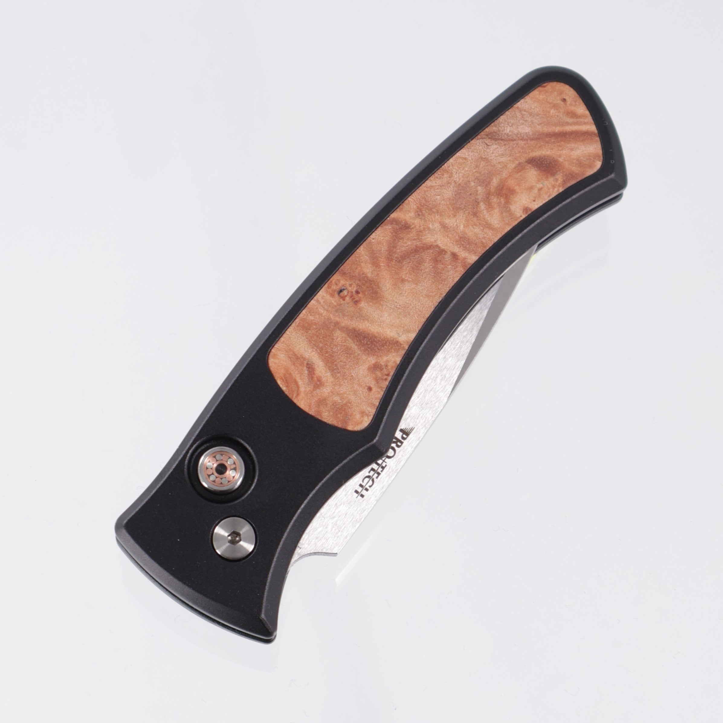 Pro-Tech Duke - Black Aluminum w/ Maple Burl Inlay & Mosaic Pin Button - Satin Magnacut - 2110-Maple