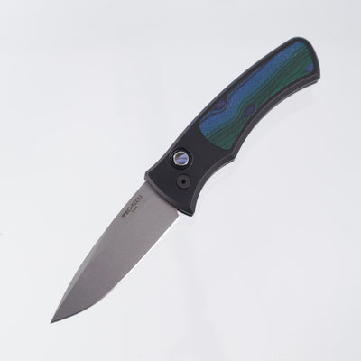 Protech Duke Unique Micarta (One of a Kind) - Black Handle w/ Unique Micarta Inlay & Abalone button - Stonewash Magnacut