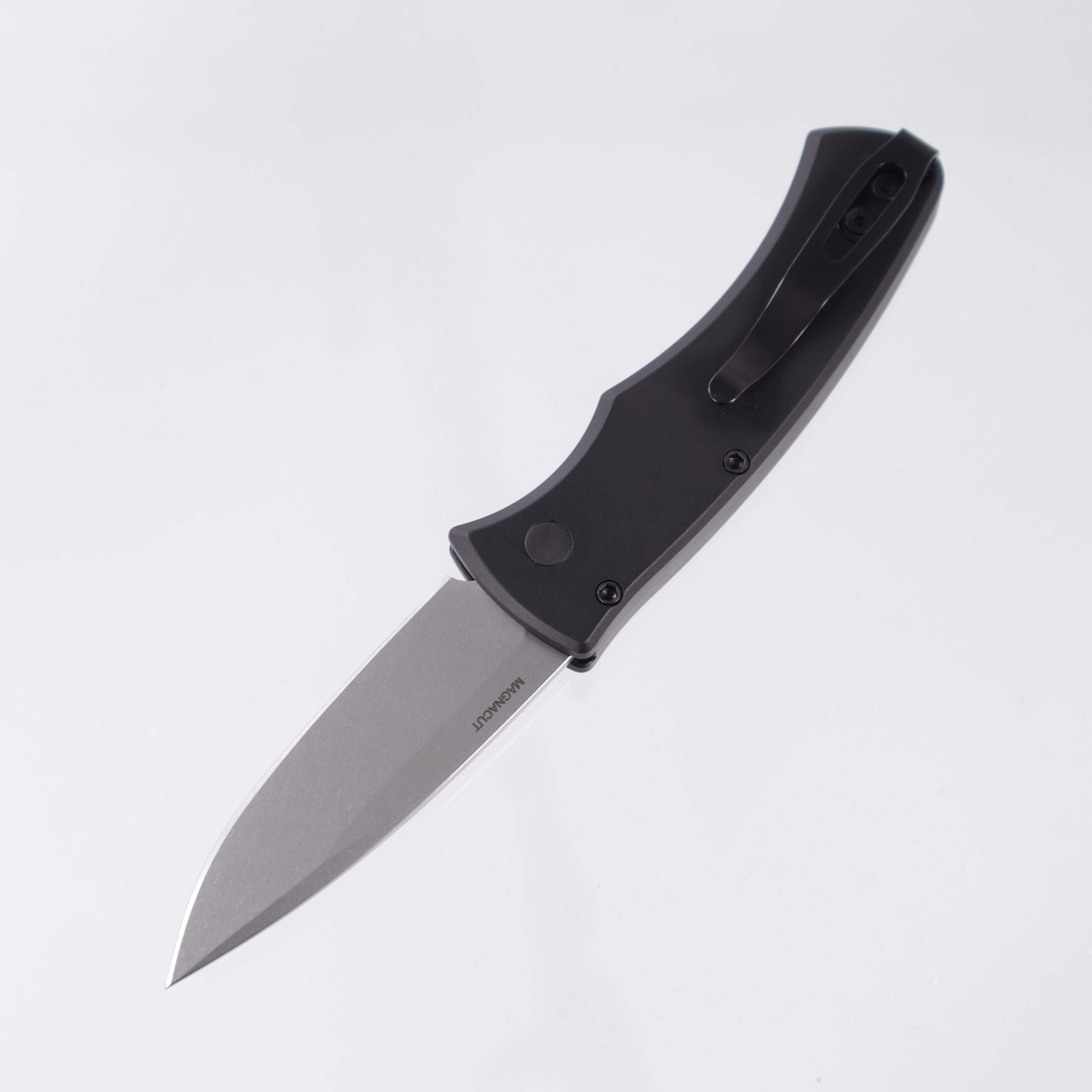 Protech Duke Unique Micarta (One of a Kind) - Black Handle w/ Unique Micarta Inlay & Abalone button - Stonewash Magnacut