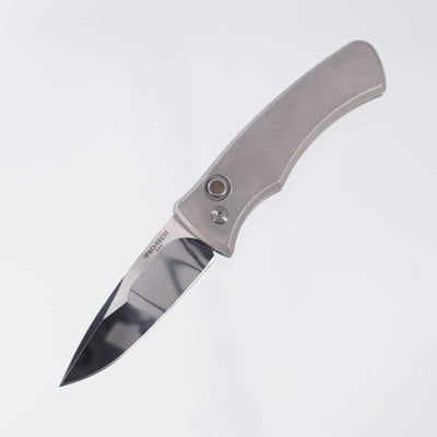 Pro-Tech Duke 2025 Custom 002 - Stainless Steel Handle w/ Black Lip Pearl Button & Sapphire Blue Anodized Clip - Mike Irie Mirror Polish