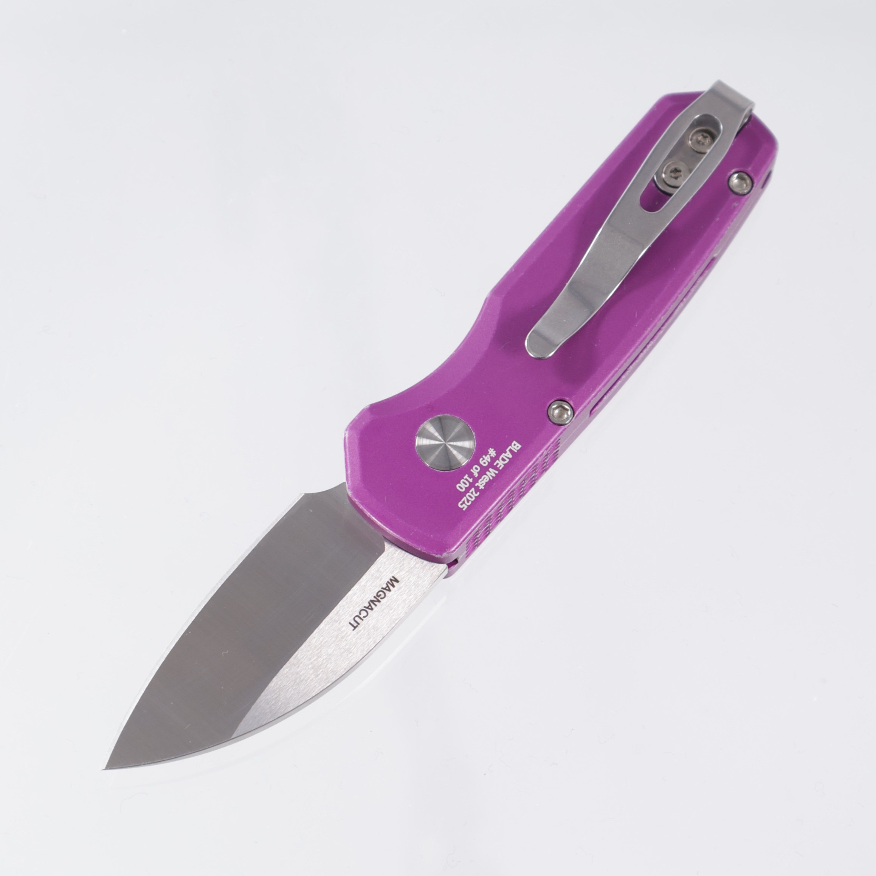 Pro-Tech Runt 5 - Battleworn Purple Aluminum w/ Mother of Pearl Button - Wharncliffe Satin Magnacut - BSW25.Runt5.1