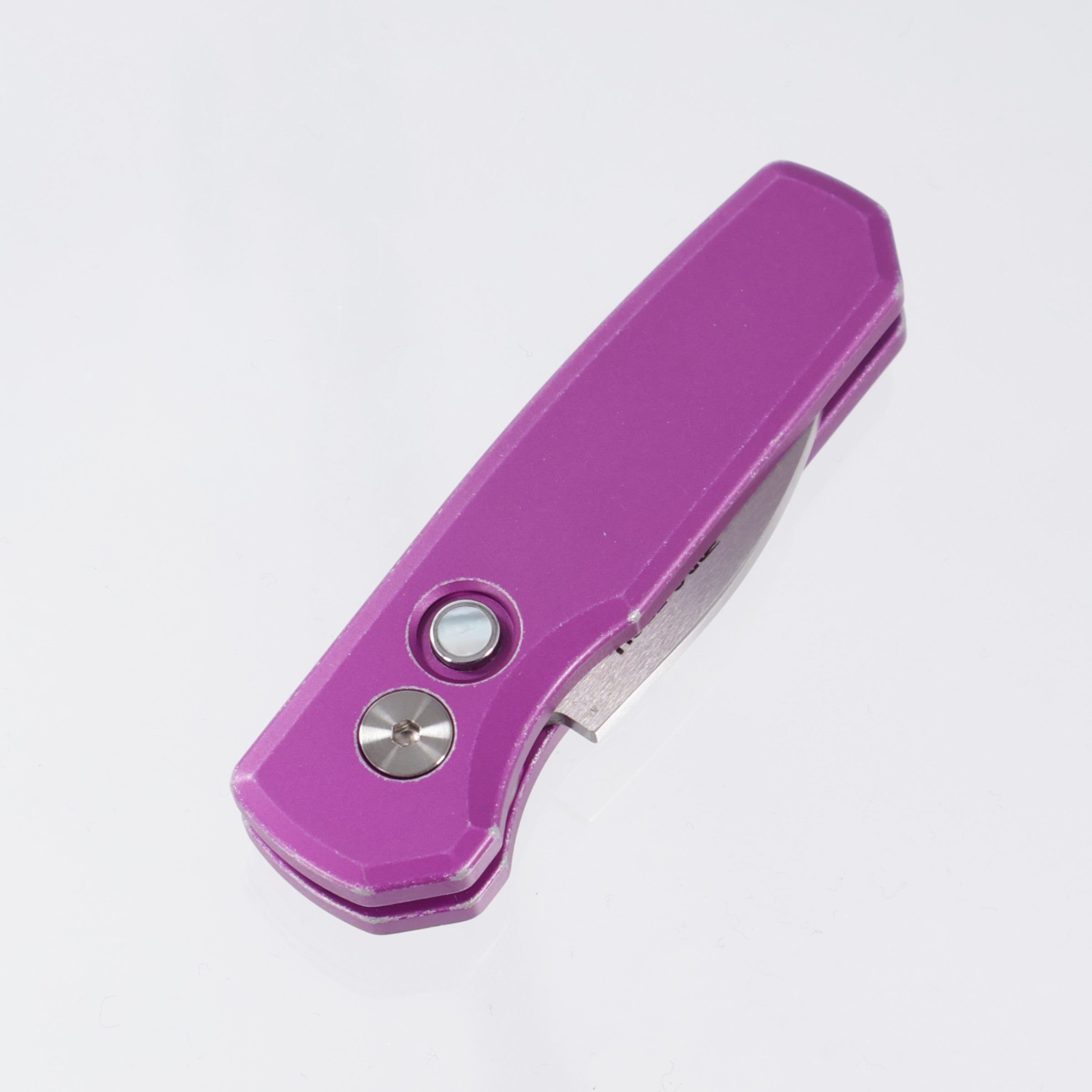 Pro-Tech Runt 5 - Battleworn Purple Aluminum w/ Mother of Pearl Button - Wharncliffe Satin Magnacut - BSW25.Runt5.1