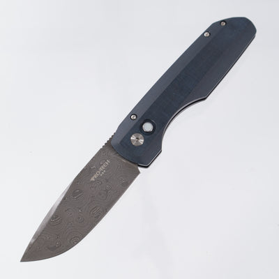 Pro-Tech x Vero Synapse Auto - Blue Linen Micarta Top w/ Mother of Pearl Button - Chad Nichols "Virus" Damascus - 2025 Custom 003