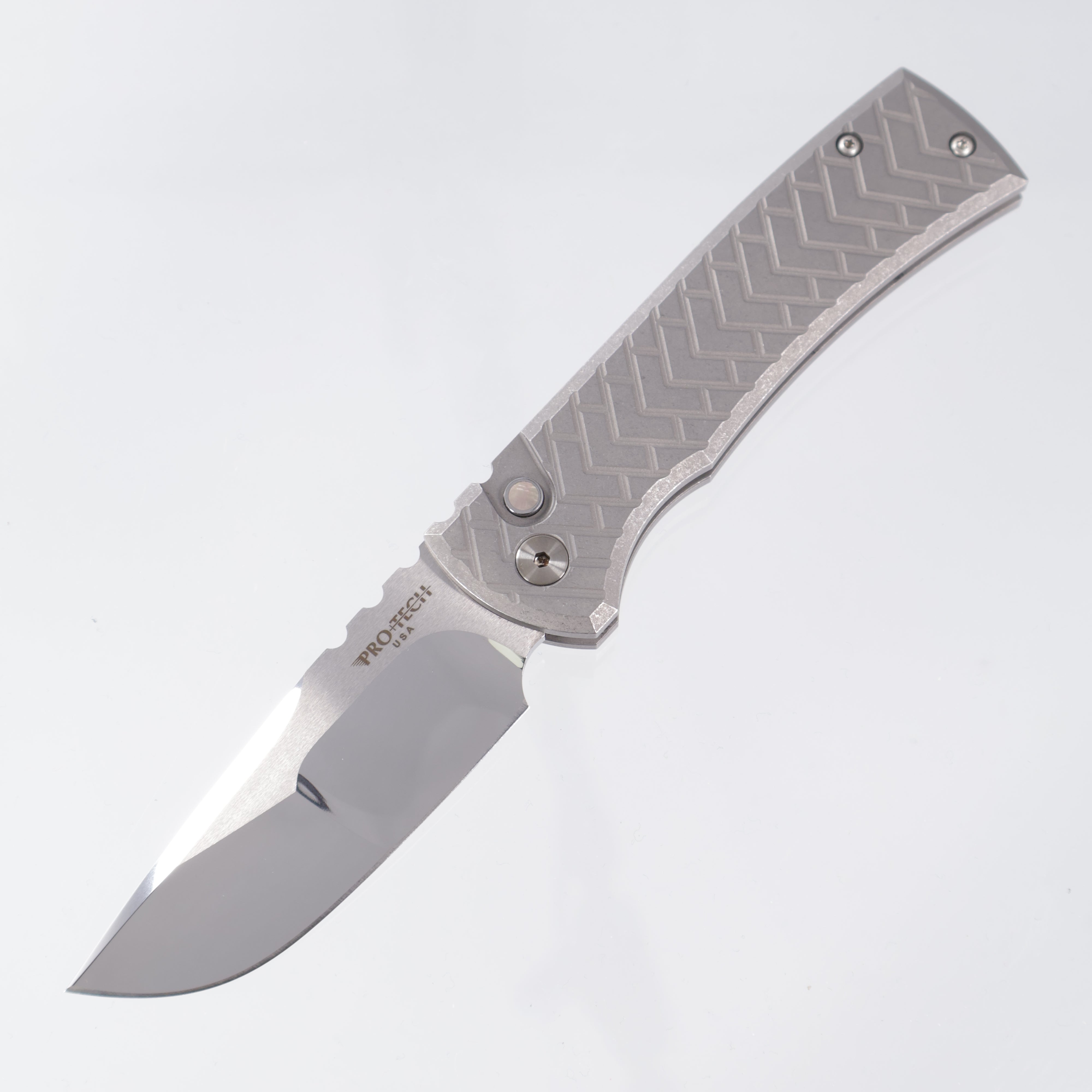 Protech x Chaves Redencion 229 2025 Custom 005 - Stainless Steel Tread Pattern Handle w/ Black Lip Pearl button - Mike Irie Mirror Polish