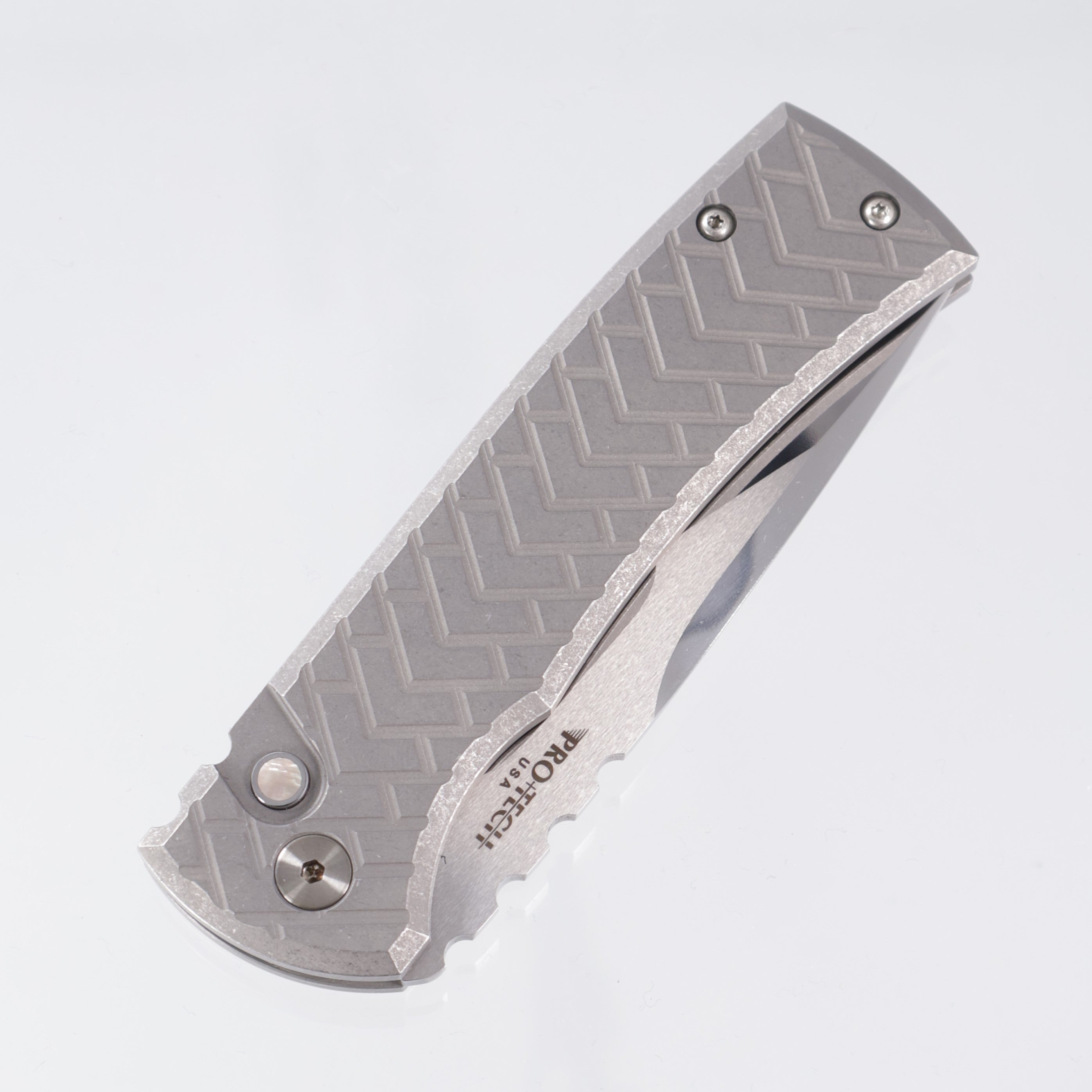 Protech x Chaves Redencion 229 2025 Custom 005 - Stainless Steel Tread Pattern Handle w/ Black Lip Pearl button - Mike Irie Mirror Polish