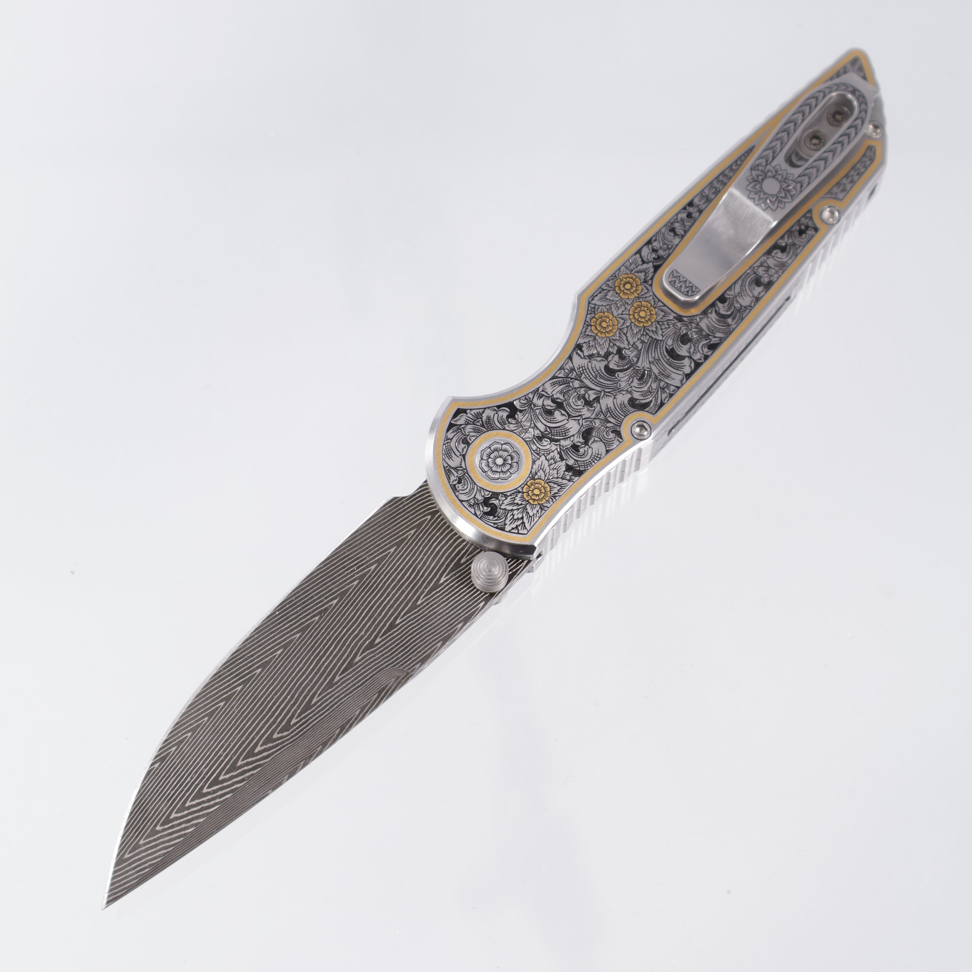 Pro-Tech TR-3 Integrity Gold & Steel Ultimate Custom #4 - Hand Engraved Deluxe Leafy Scroll Stainless chassis by Bruce Shaw w/ 24kt Gold Hand Sculpted Eagle inlay - Happy Jewelers Custom Mosaic Diamond button - Vegas Forge Carbon Herringbone Damascus