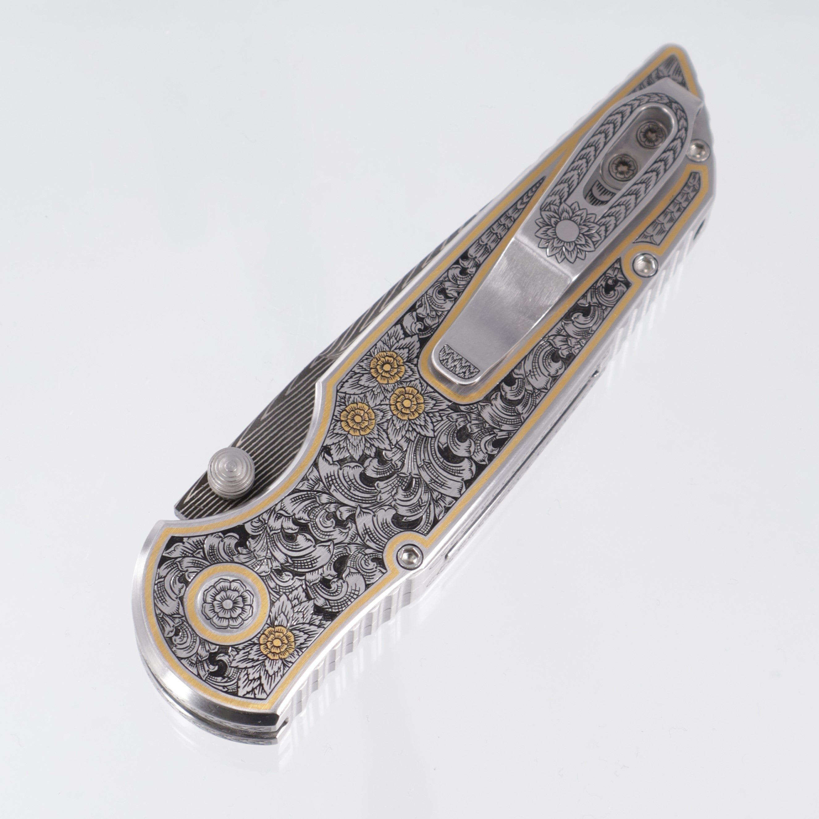 Pro-Tech TR-3 Integrity Gold & Steel Ultimate Custom #4 - Hand Engraved Deluxe Leafy Scroll Stainless chassis by Bruce Shaw w/ 24kt Gold Hand Sculpted Eagle inlay - Happy Jewelers Custom Mosaic Diamond button - Vegas Forge Carbon Herringbone Damascus