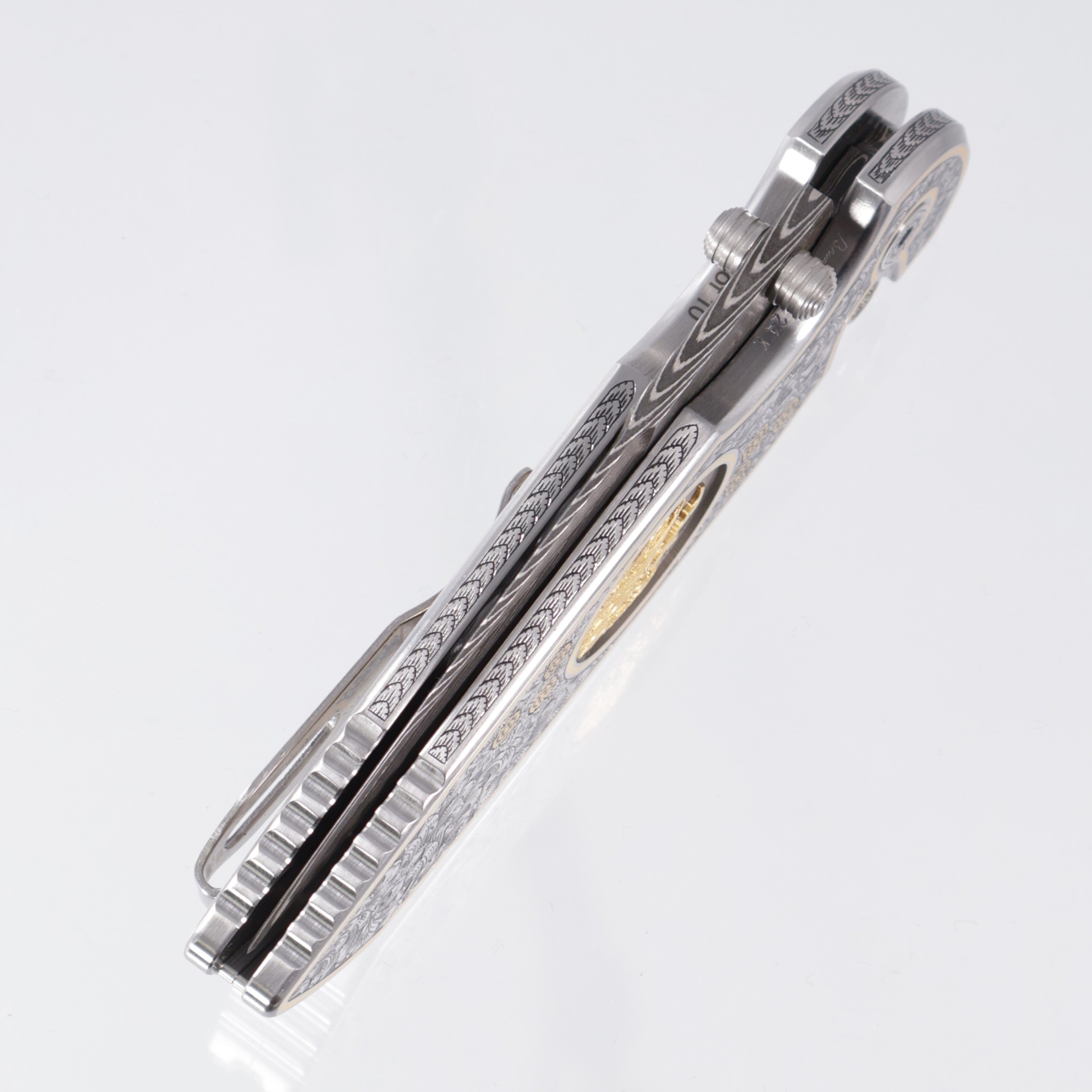 Pro-Tech TR-3 Integrity Gold & Steel Ultimate Custom #4 - Hand Engraved Deluxe Leafy Scroll Stainless chassis by Bruce Shaw w/ 24kt Gold Hand Sculpted Eagle inlay - Happy Jewelers Custom Mosaic Diamond button - Vegas Forge Carbon Herringbone Damascus