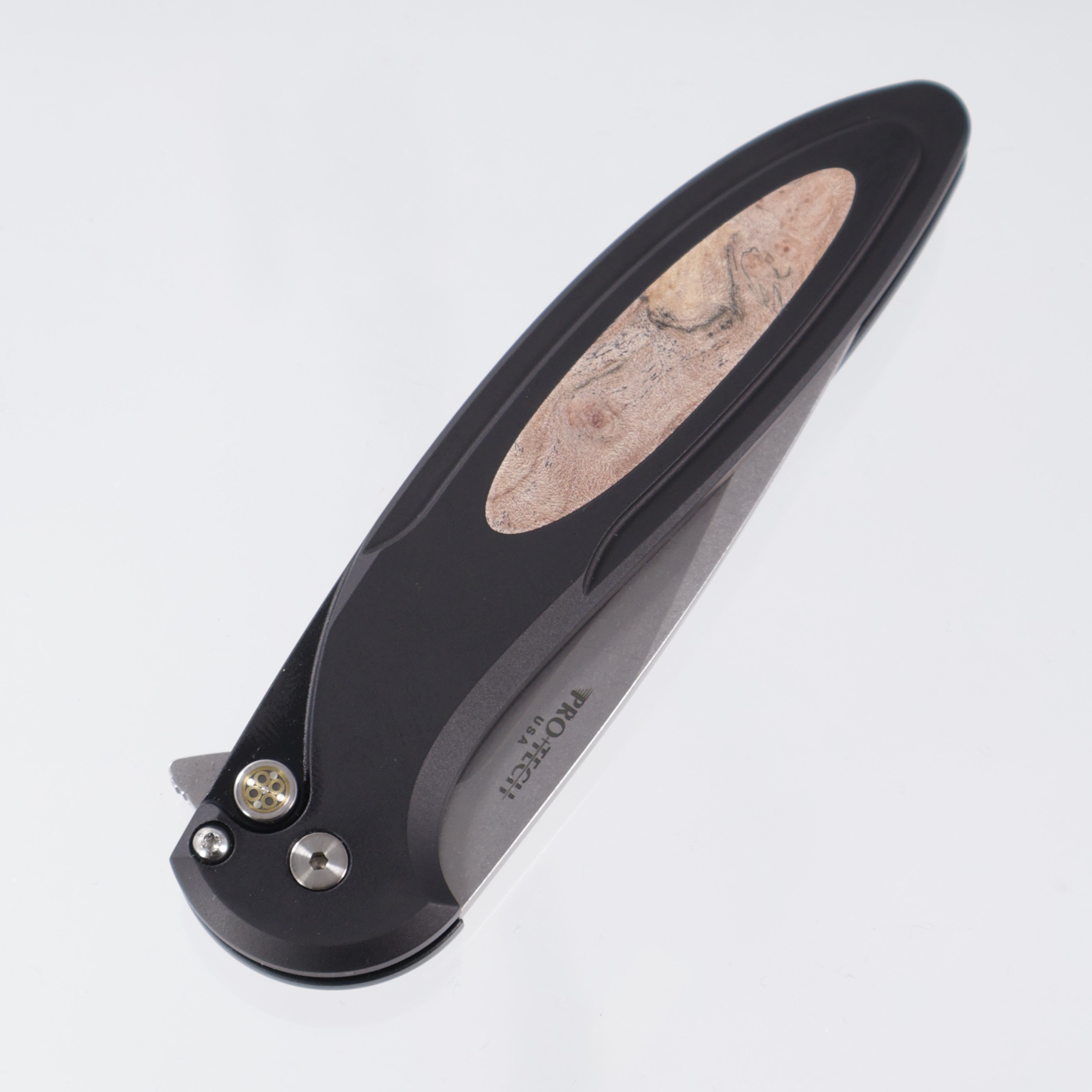 Pro-Tech Cambria 2 - Black Aluminum w/ Maple Burl Inlay & Mosaic Pin Button - Stonewash Magnacut - BSW.Cambria.1