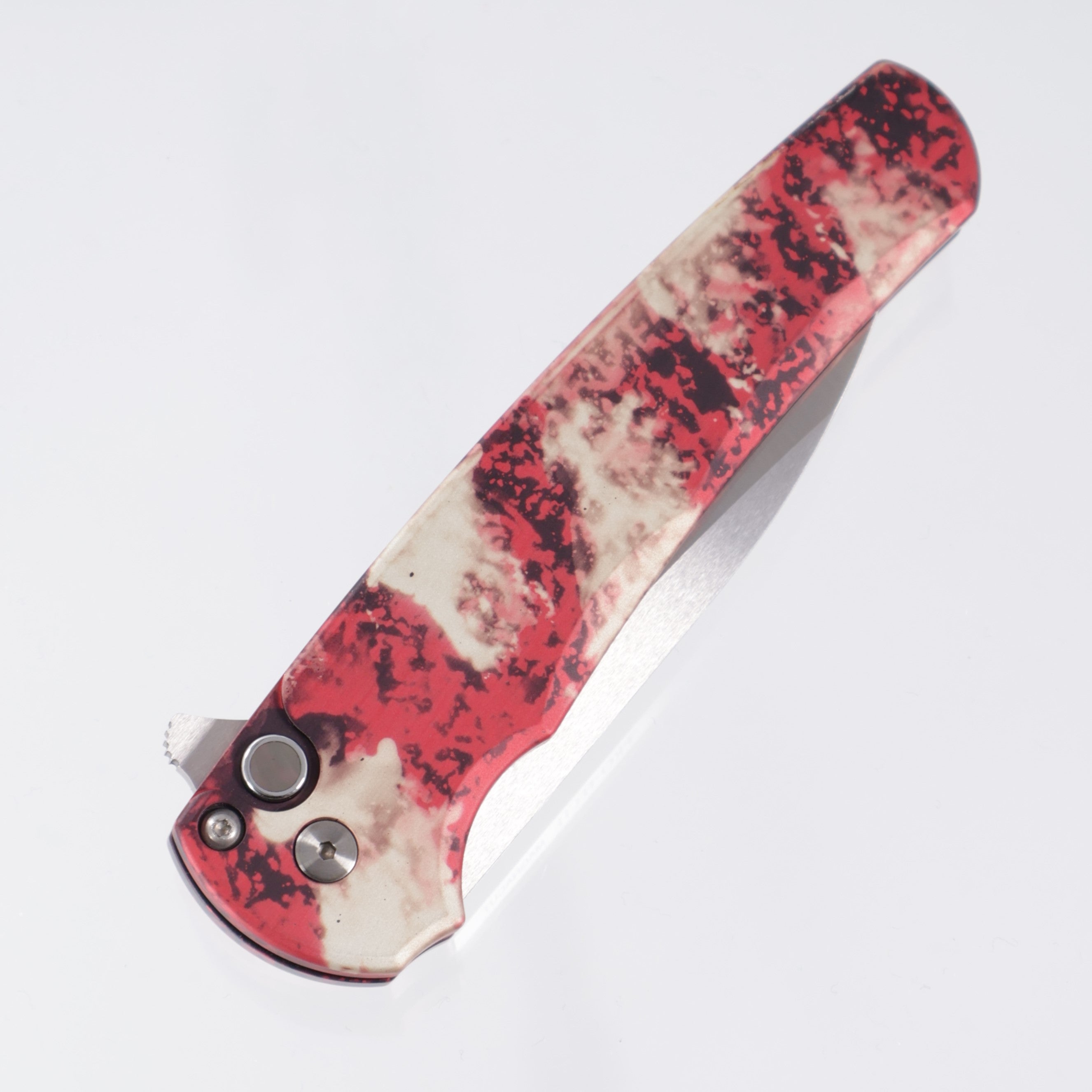 Pro-Tech Malibu - Crimson Tiger Camo Anodized Aluminum w/ Black Lip Pearl Button - Satin Wharncliffe Magnacut - 5300-CTC