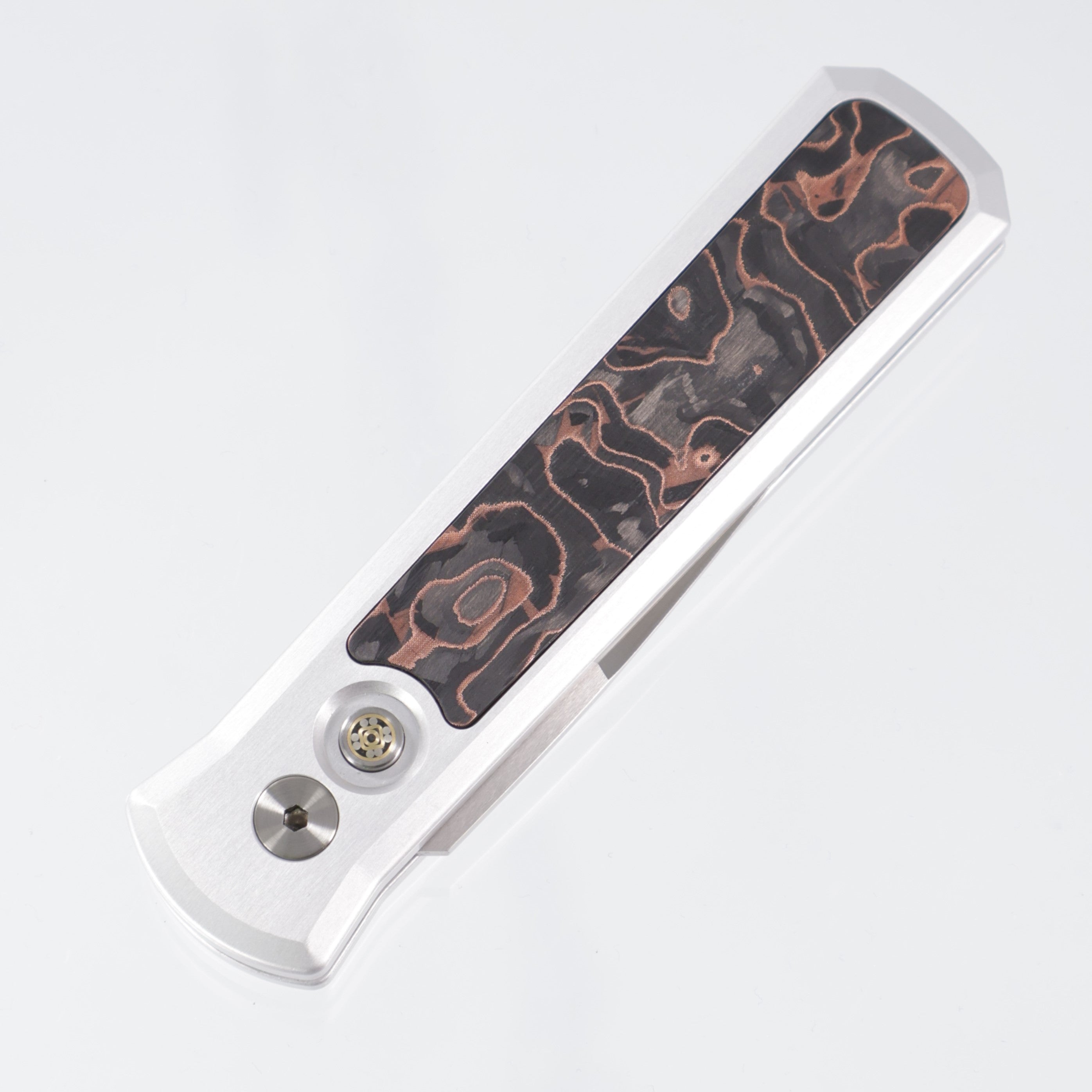Pro-Tech Godson CCKSF25.Godson.2 - Satin Silver Handle w/ Livewire Copper Carbon Inlay & Mosaic Pin button - Satin 20CV