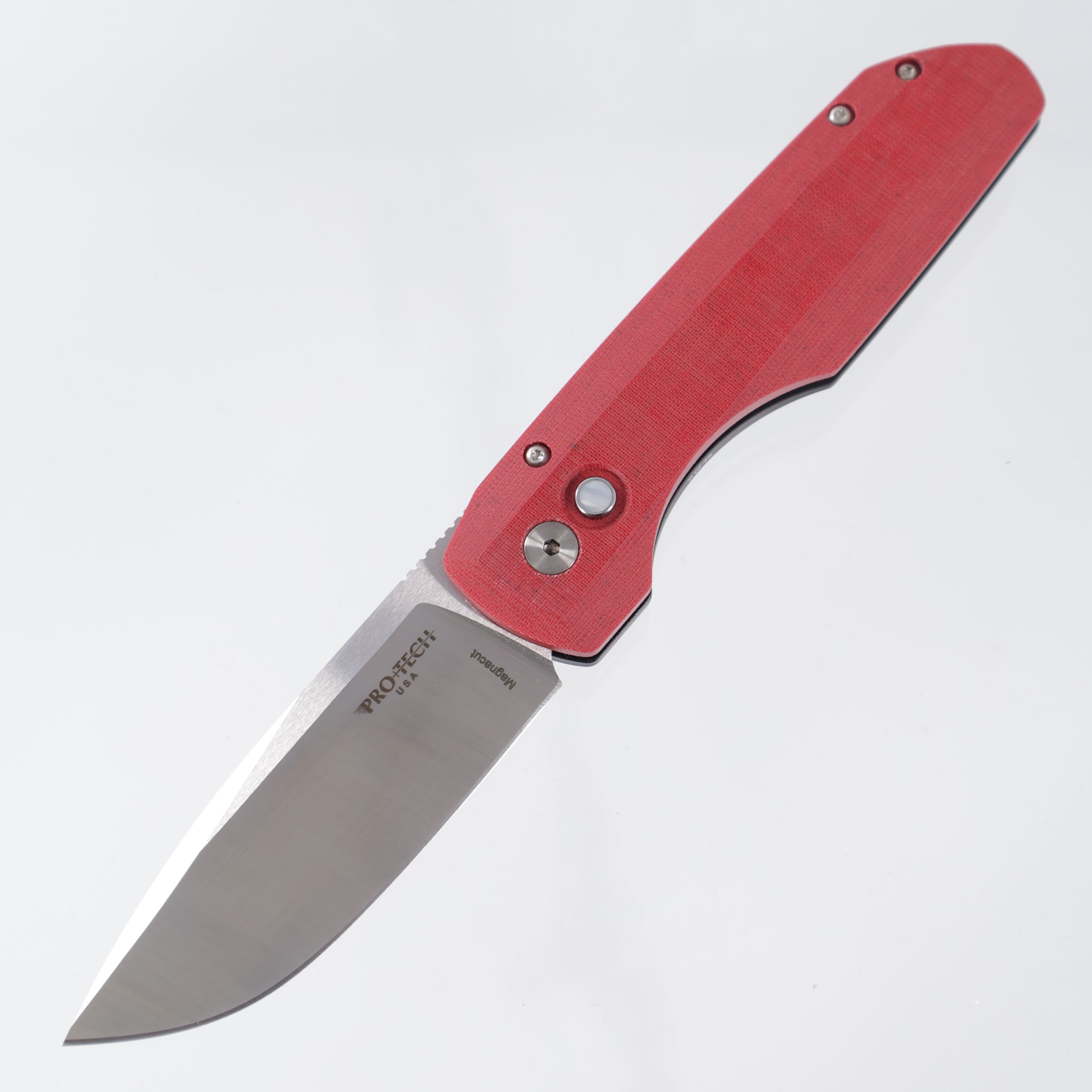 Pro-Tech x Vero Synapse Auto - Red Linen Micarta Lid w/ Mother of Pearl Button - Satin Magnacut - CCKSF25.Vero.1