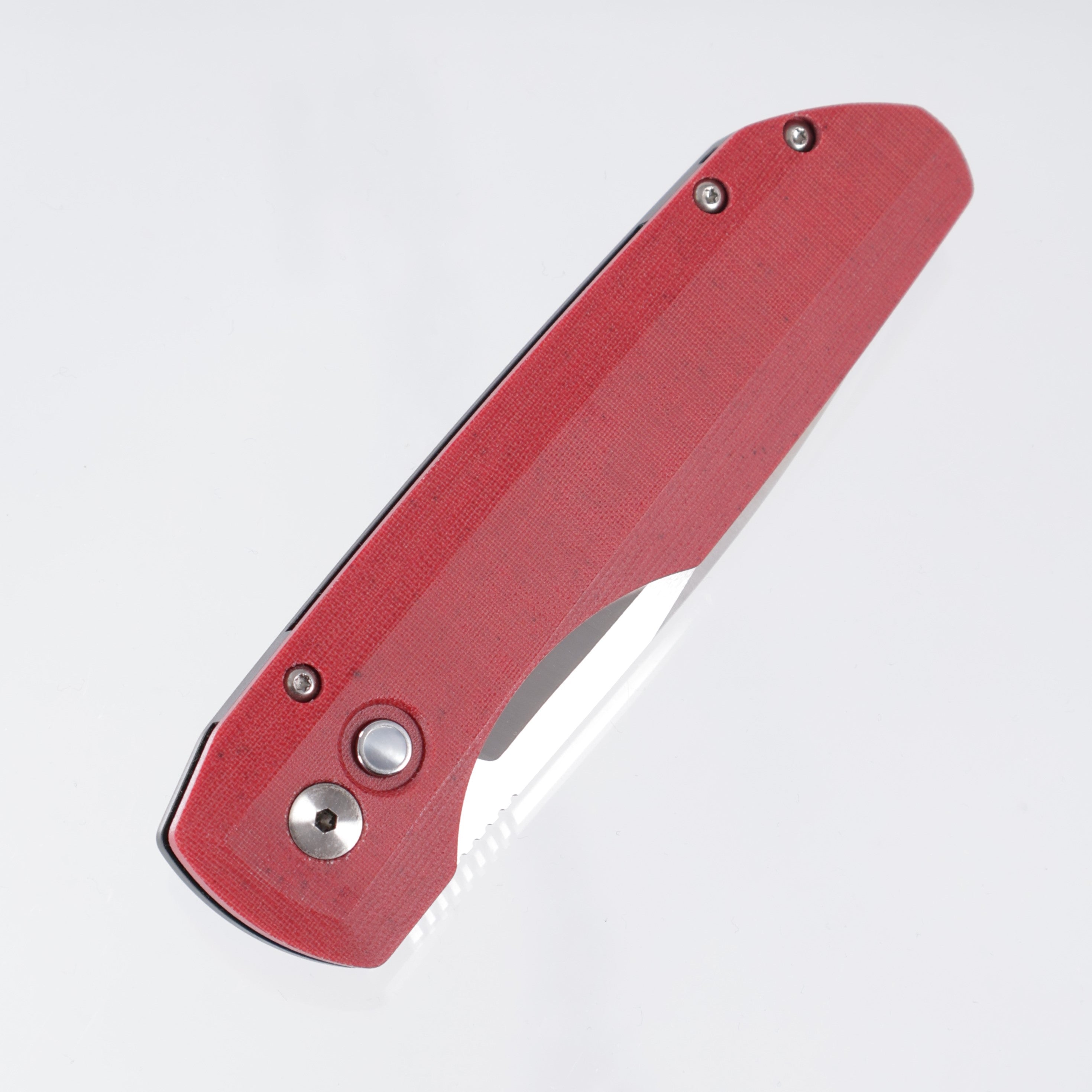 Pro-Tech x Vero Synapse Auto - Red Linen Micarta Lid w/ Mother of Pearl Button - Satin Magnacut - CCKSF25.Vero.1
