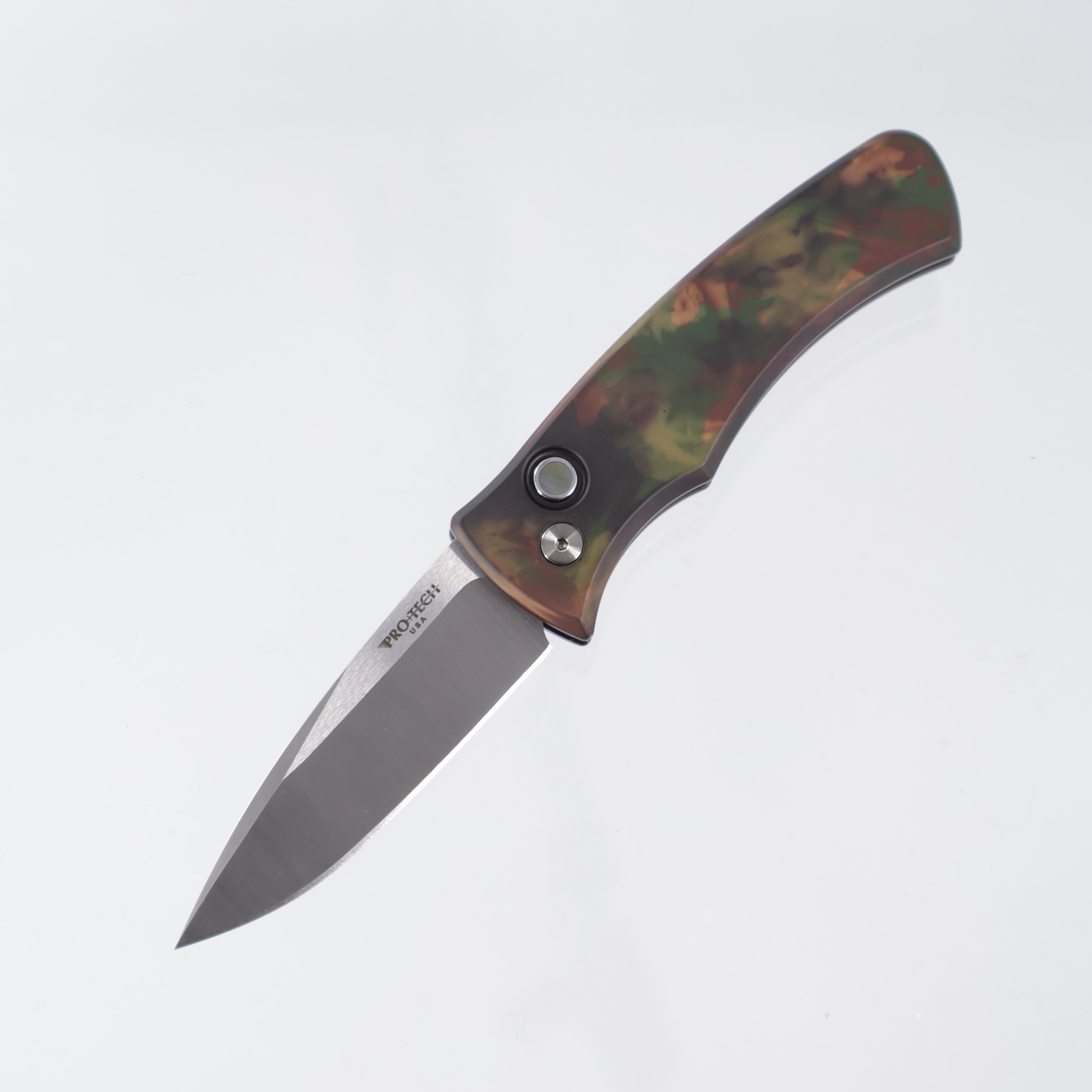 Pro-Tech Duke 2 - Woodland Camo Anodized Aluminum w/ Black Lip Pearl Button - Satin Magnacut - CCKSF25.Duke.2
