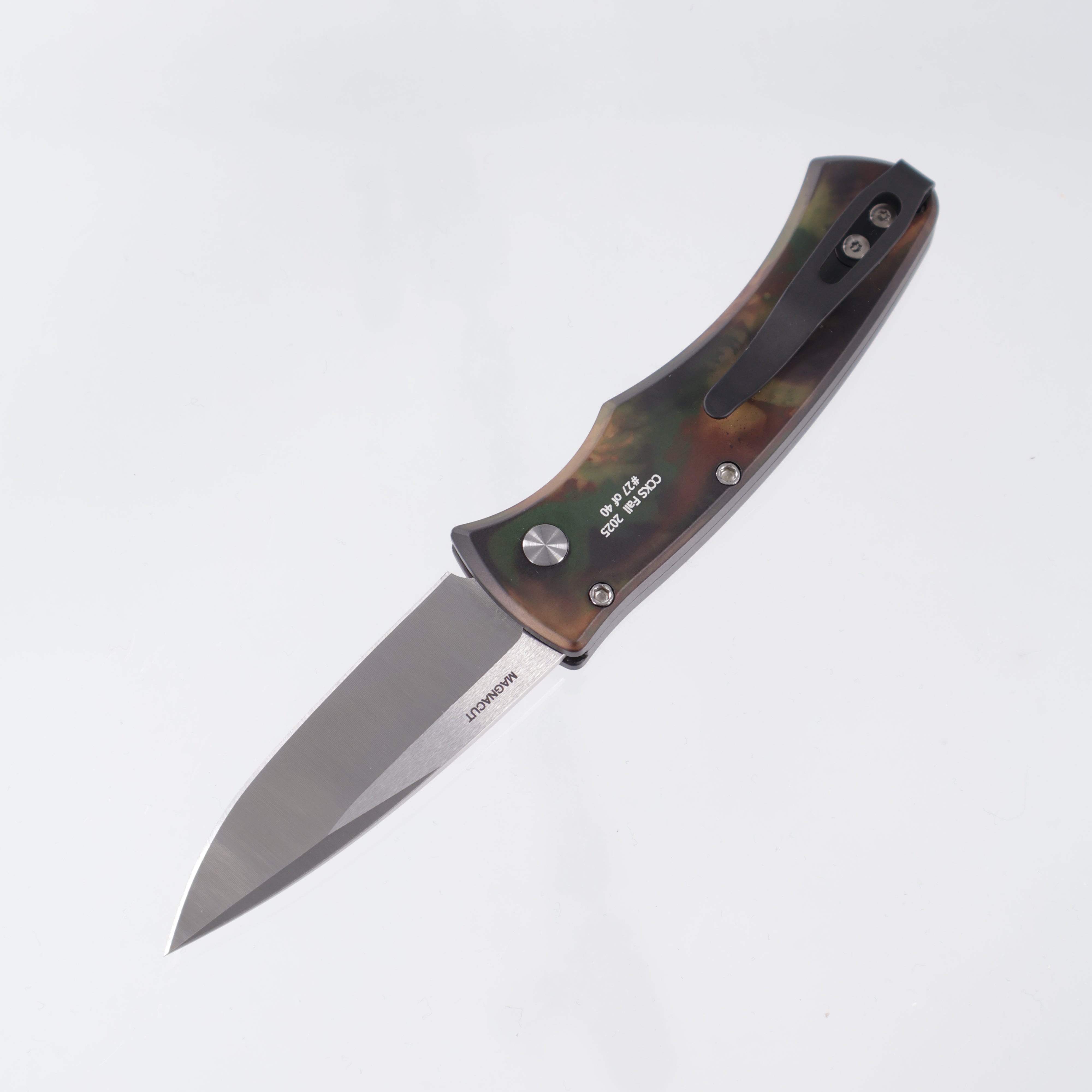 Pro-Tech Duke 2 - Woodland Camo Anodized Aluminum w/ Black Lip Pearl Button - Satin Magnacut - CCKSF25.Duke.2
