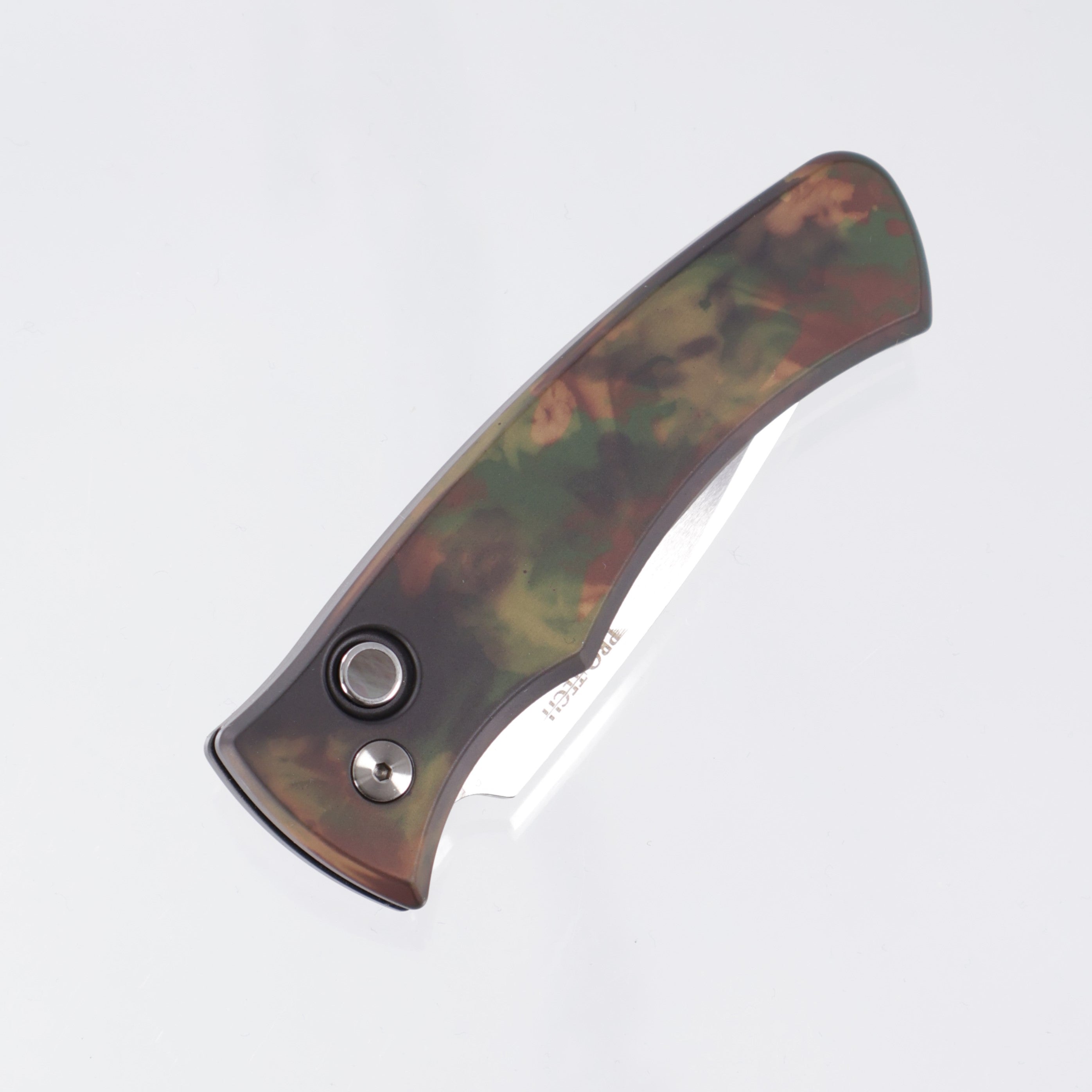 Pro-Tech Duke 2 - Woodland Camo Anodized Aluminum w/ Black Lip Pearl Button - Satin Magnacut - CCKSF25.Duke.2