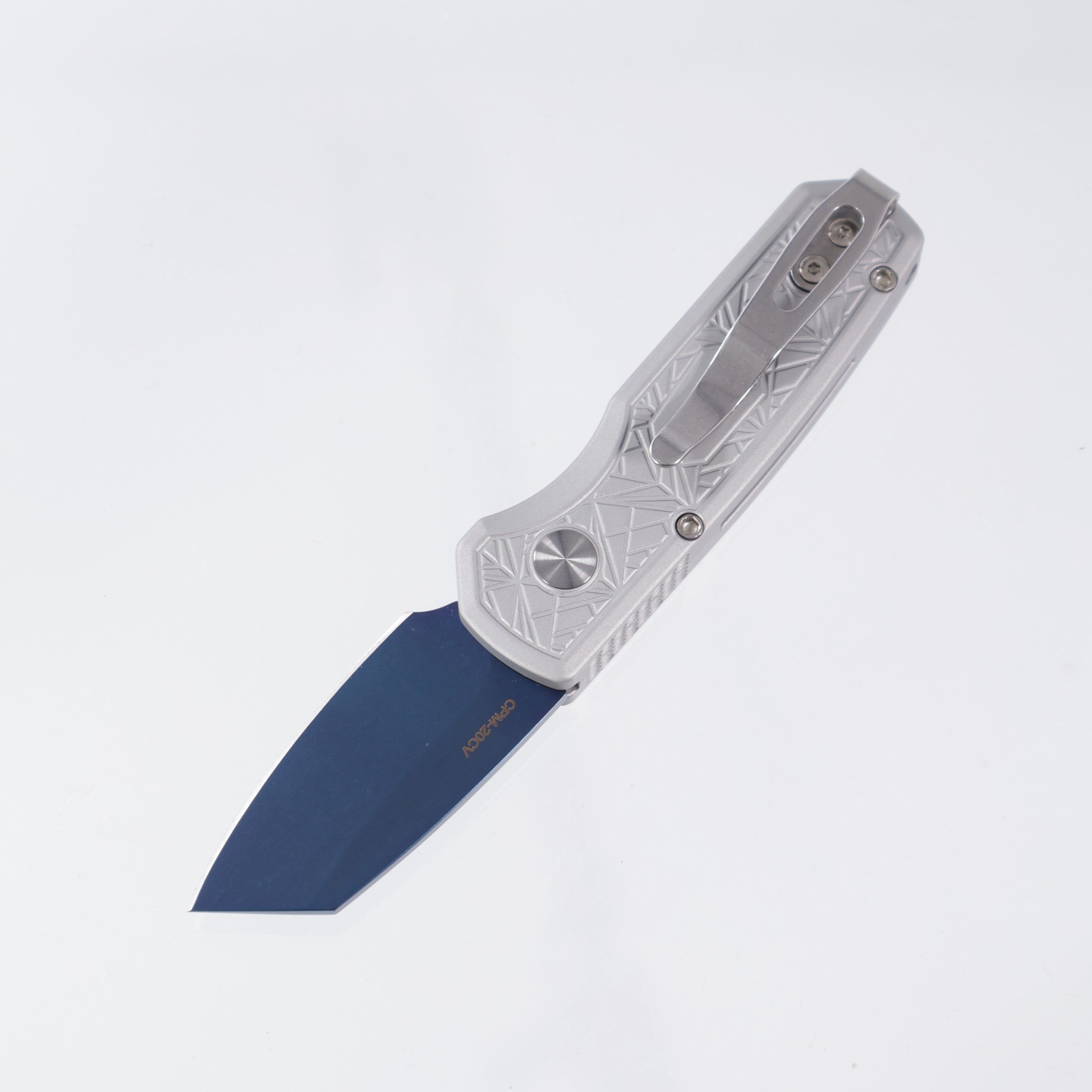 Pro-Tech Runt 5 Reverse Tanto - Grey Nexus Pattern Aluminum w/ Abalone Button - Sapphire PVD 20CV - CCKSF25.Runt.1