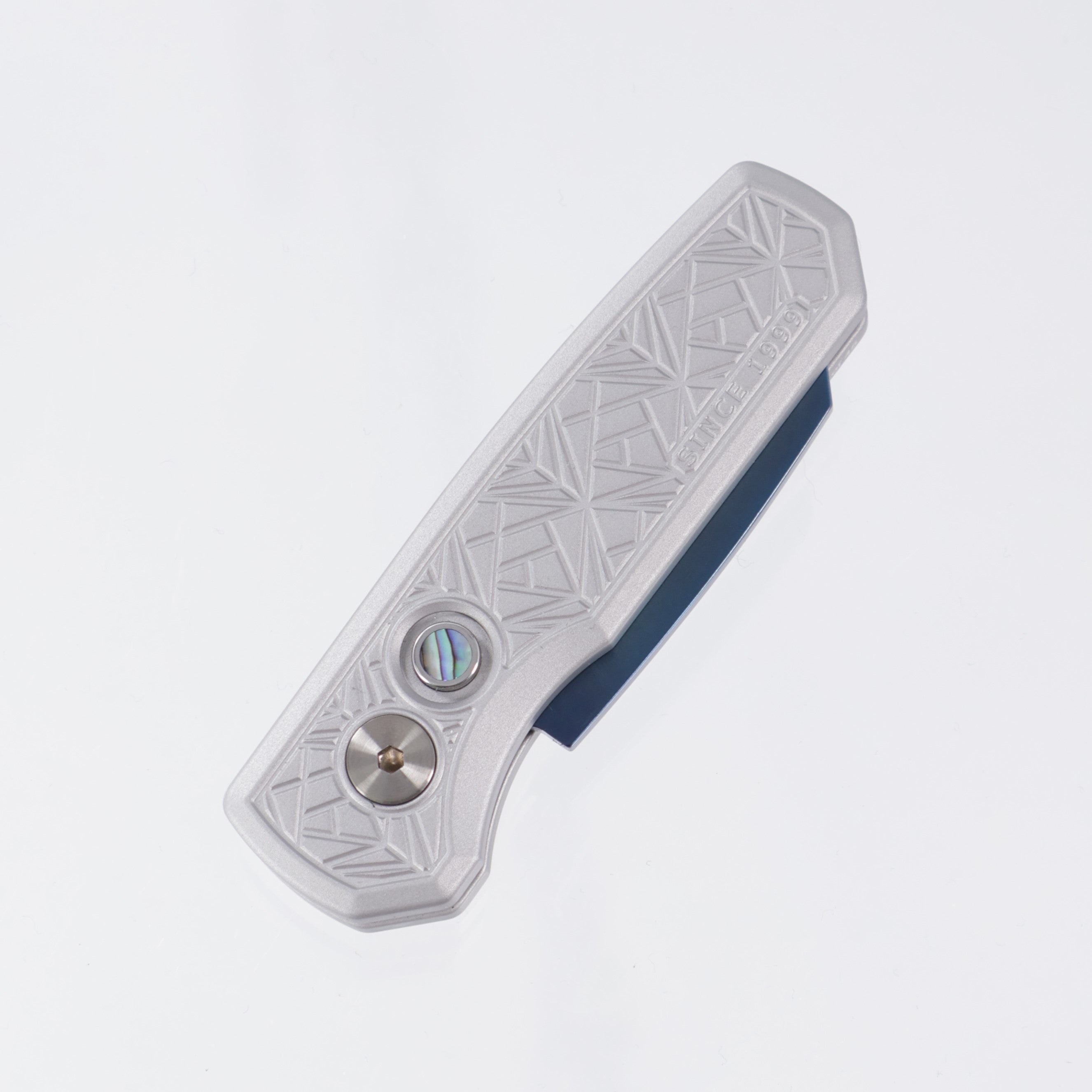 Pro-Tech Runt 5 Reverse Tanto - Grey Nexus Pattern Aluminum w/ Abalone Button - Sapphire PVD 20CV - CCKSF25.Runt.1
