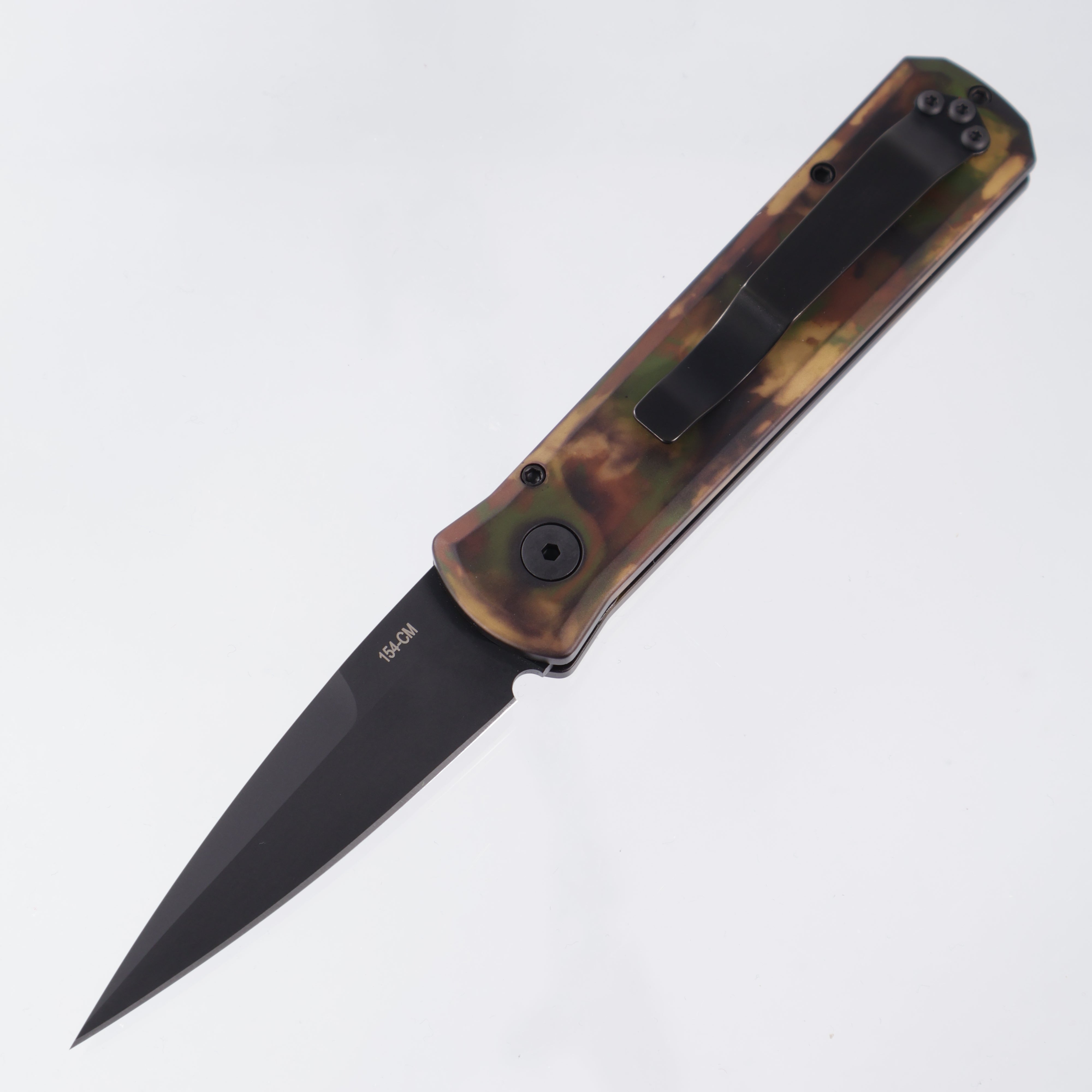 Pro-Tech Godson - *Left Handed* - Woodland Camo Anodized w/ Black Lip Pearl Button - DLC 154CM - 721-LH WOODLAND