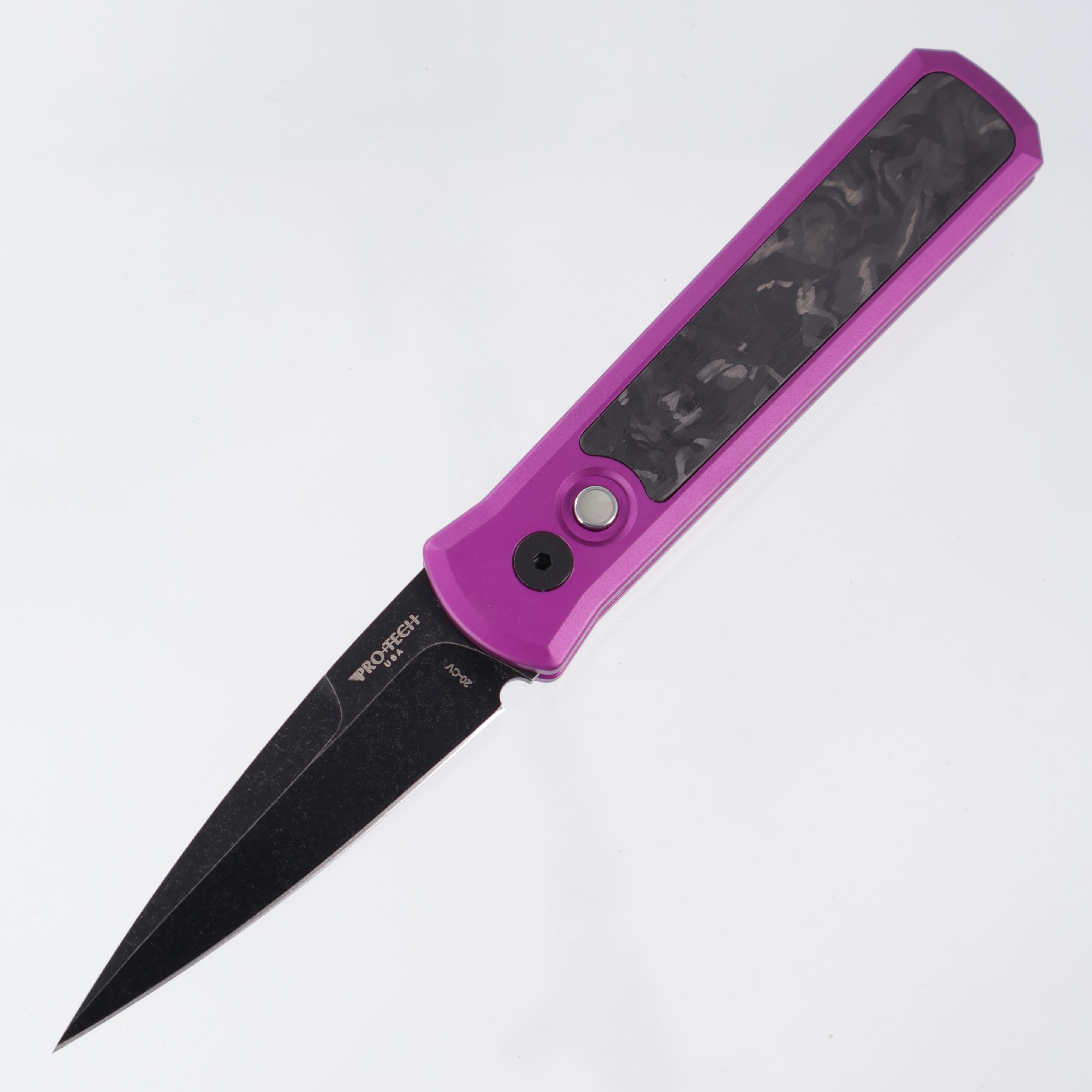 Pro-Tech Godson - Purple Aluminum w/ Marble Carbon Fiber Inlay - Pearl Button - DLC Wash 20CV - 7211-Marble CF Purple DLCW