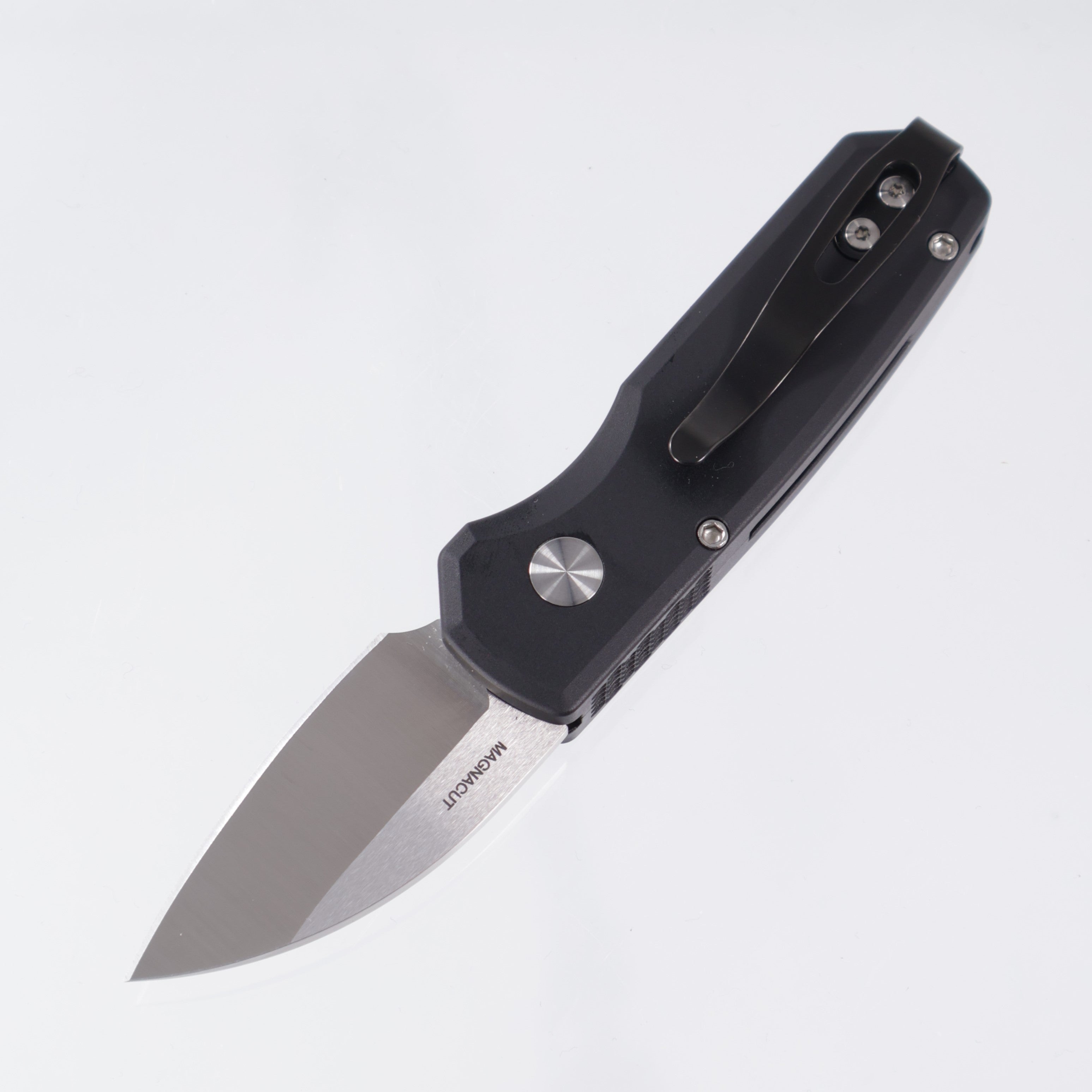 Pro-Tech Runt 5 - Black Aluminum w/ White Pearl Button - Satin Magnacut Wharncliffe - R5300-LTD
