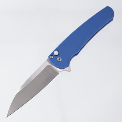 Pro-Tech Malibu - Blue Aluminum w/ White Pearl Button - Satin Wharncliffe Magnacut - 5300-LTD BLUE