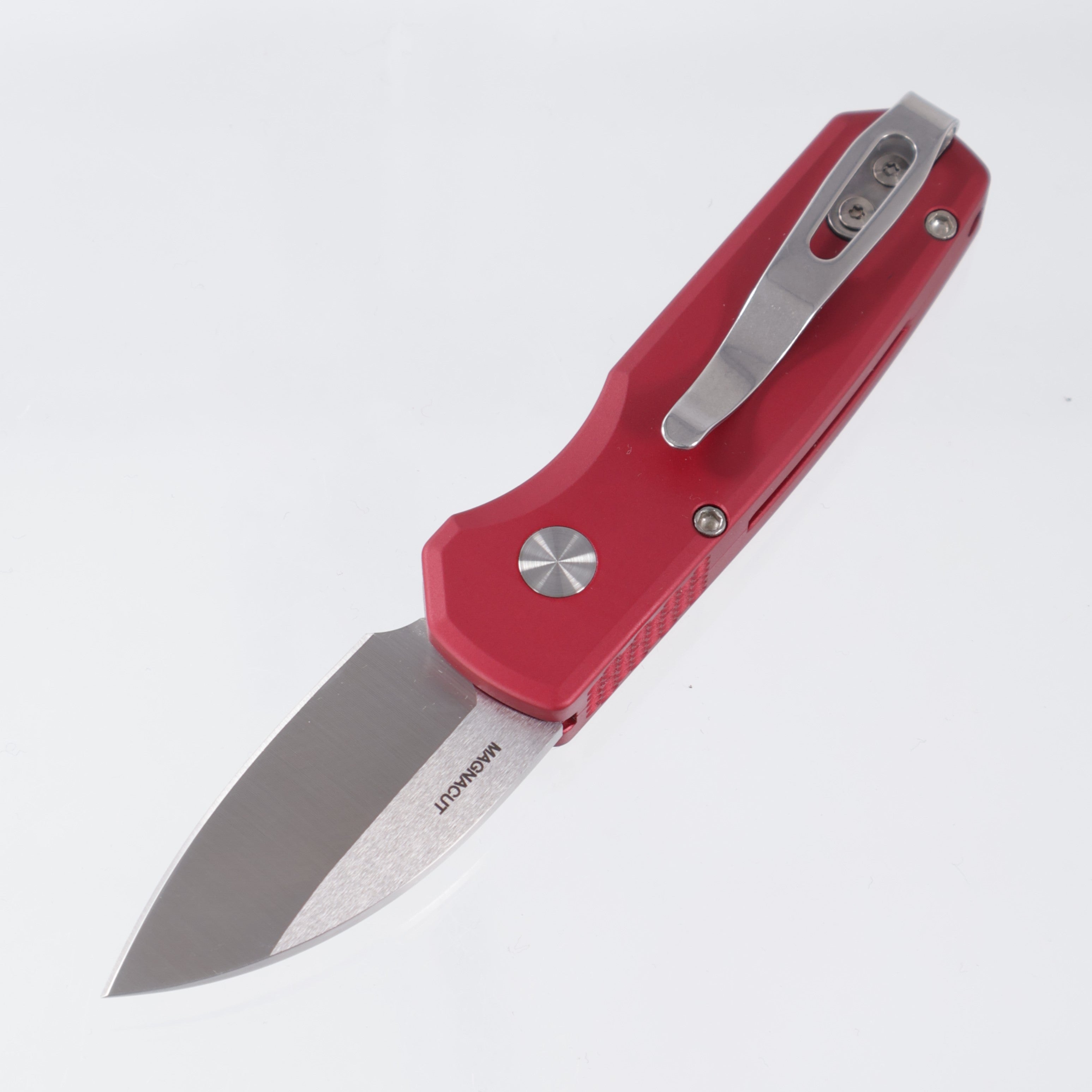 Pro-Tech Runt 5 - Red Aluminum w/ White Pearl Button - Satin Magnacut Wharncliffe - R5300-LTD Red
