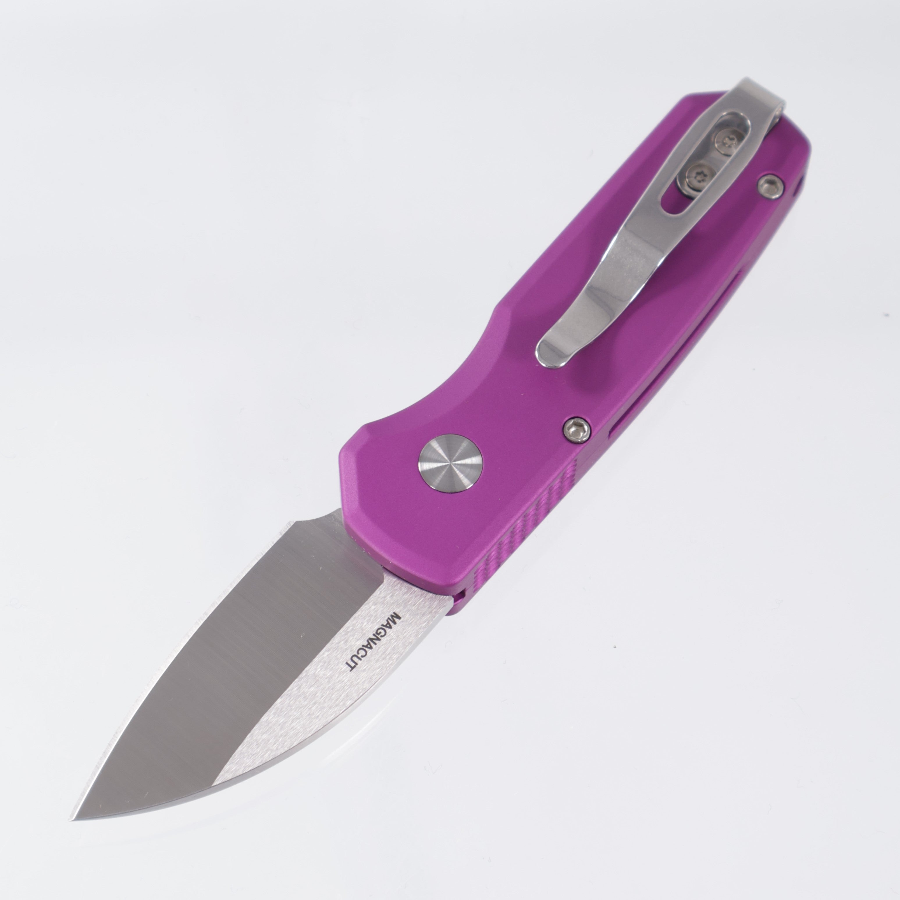 Pro-Tech Runt 5 - Purple Aluminum w/ White Pearl Button - Satin Magnacut Wharncliffe - R5300-LTD Purple