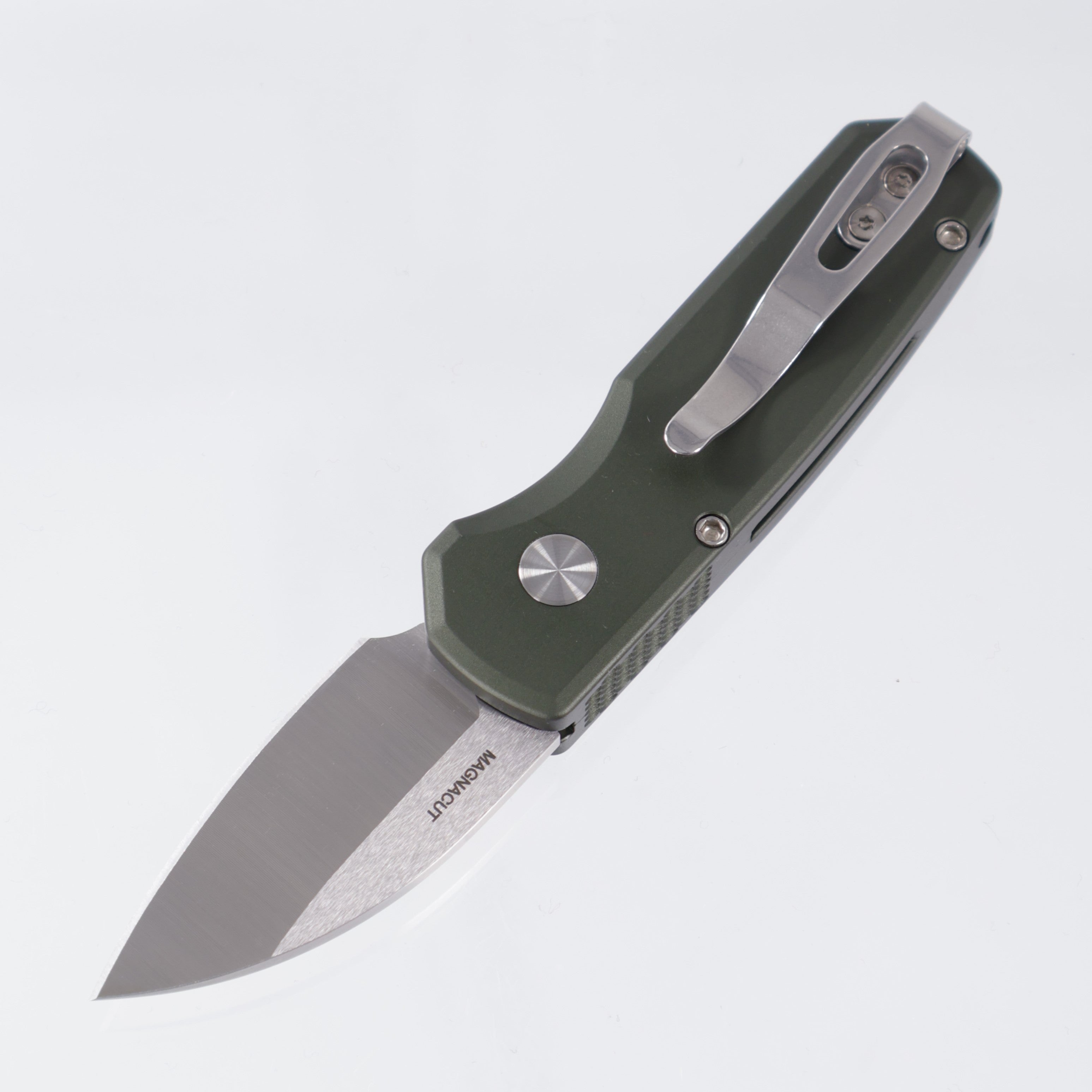 Pro-Tech Runt 5 - Green Aluminum w/ White Pearl Button - Satin Magnacut Wharncliffe - R5300-LTD Green