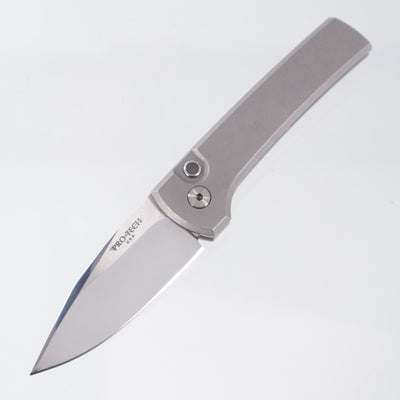 Pro-Tech Scapegoat Compact - 17-4 Stainless Steel w/ Black Lip Pearl button & Blue Titanium Clip - Mike Irie Hand Ground Mirror Polish 154CM - 2026 Scapegoat Compact Custom 001