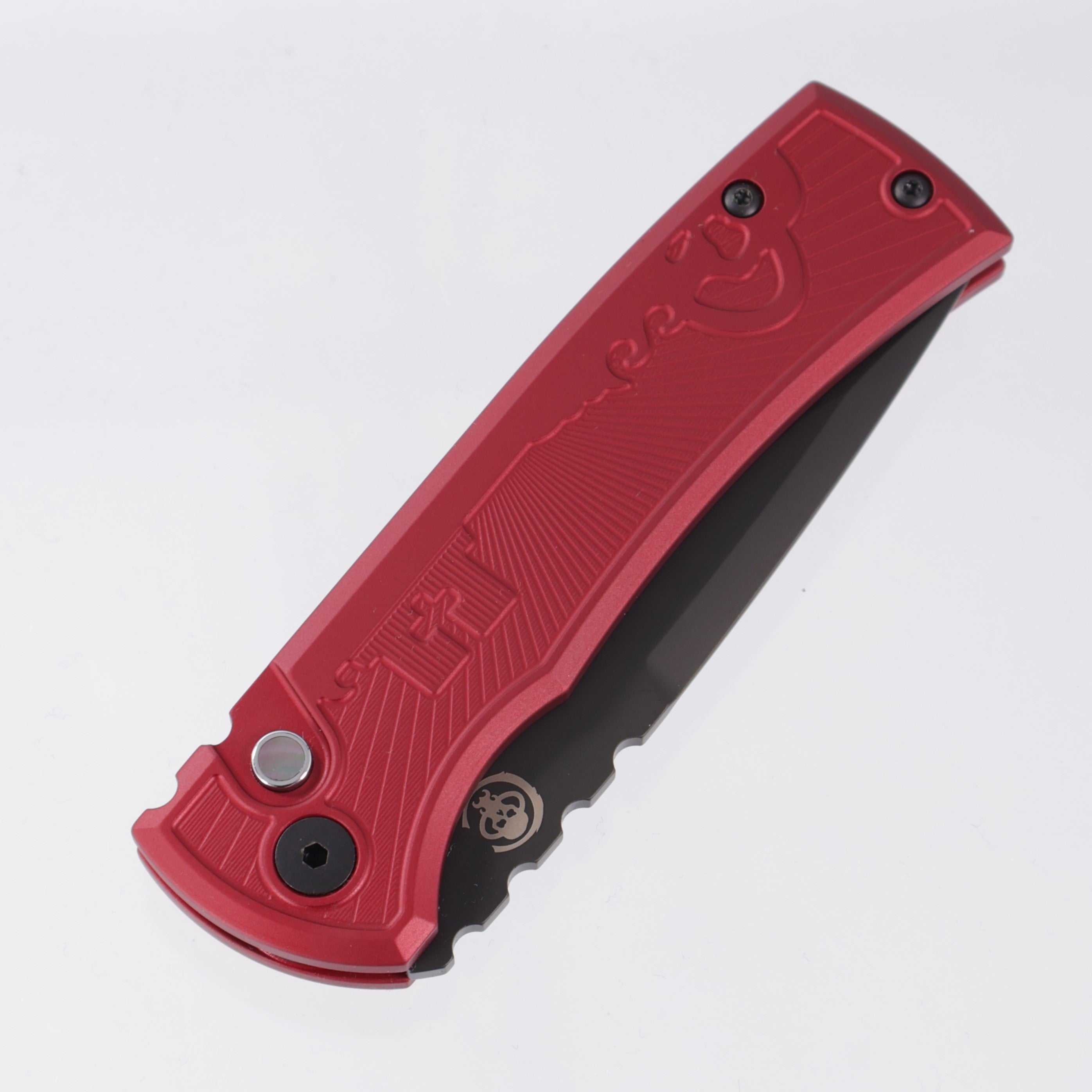 Chaves Redencion Auto Drop Point - Red Key Pattern Aluminum Handle w/ Black Lip Pearl button - DLC S35VN