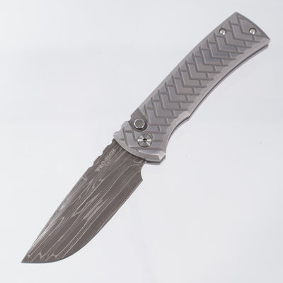 Pro-Tech Redencion Auto Drop Point - 17-4 Stainless Steel Handle w/ 2-Tone Tread Texture, Black Lip Pearl Button & Steel Skull Clip - Vegas Forge Koa Damascus - 2026 Redencion Custom 001