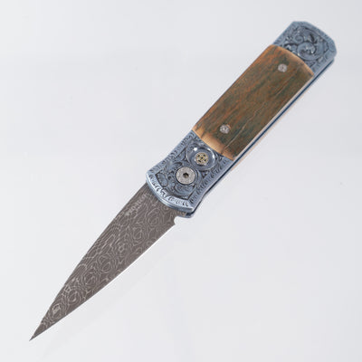 Pro-Tech Godson Ultimate Custom - Light Blue Hand Satin finished Titanium Frame w/ Hand Engraving by Tyler W. Prince - Ancient Bark Mastodon Inlays & Mosaic Pin Button - Vegas Forge Vines & Roses Damascus Blade