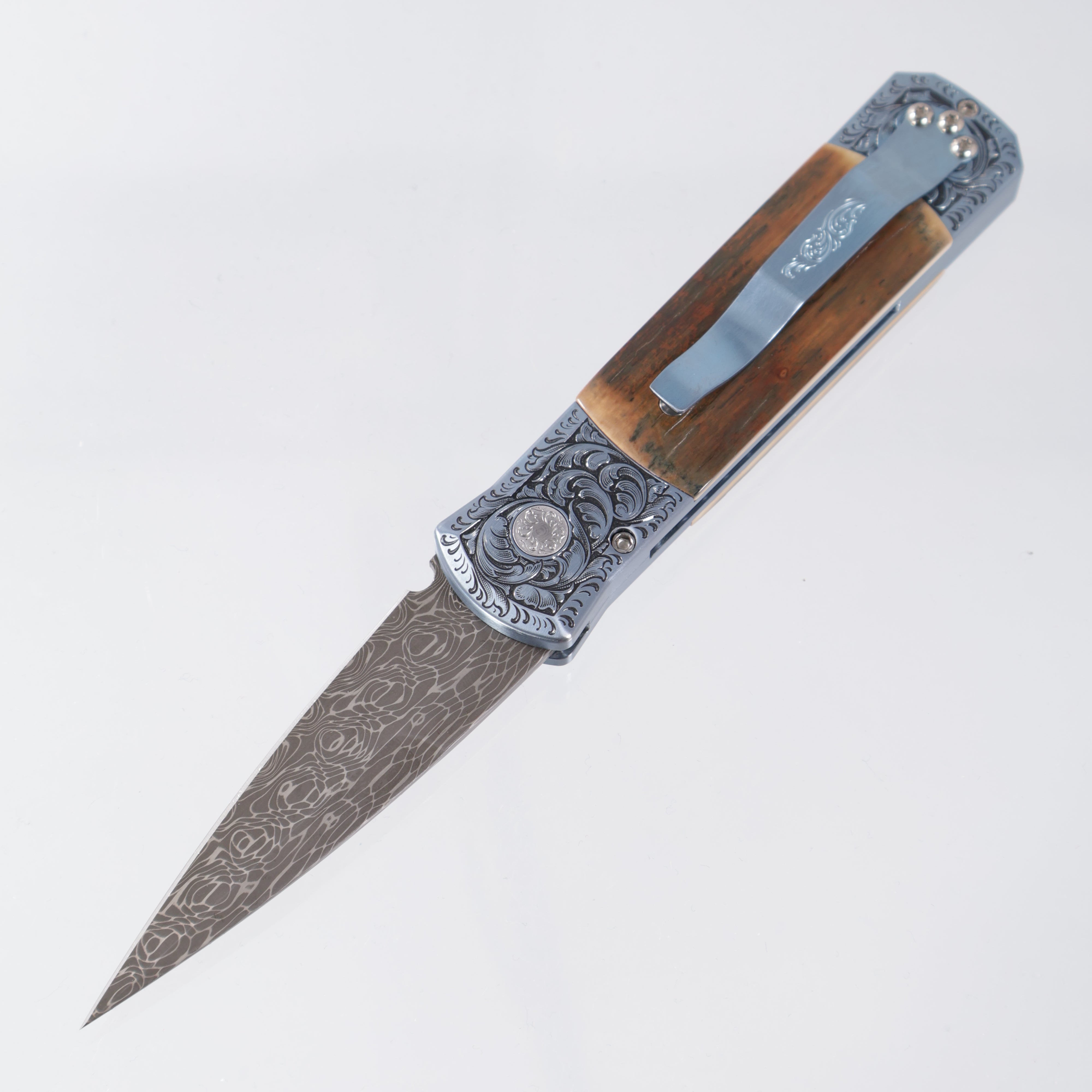 Pro-Tech Godson Ultimate Custom - Light Blue Hand Satin finished Titanium Frame w/ Hand Engraving by Tyler W. Prince - Ancient Bark Mastodon Inlays & Mosaic Pin Button - Vegas Forge Vines & Roses Damascus Blade