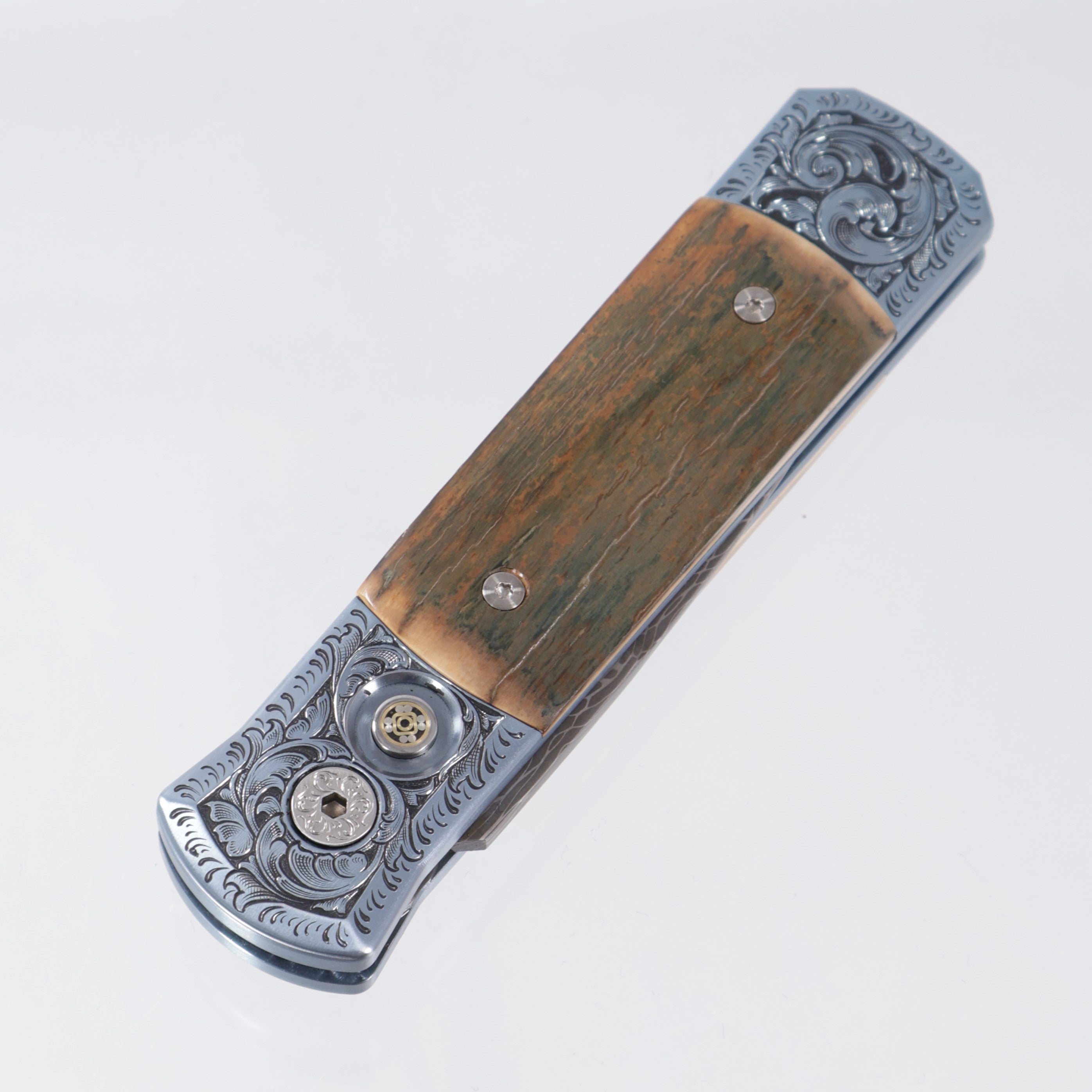 Pro-Tech Godson Ultimate Custom - Light Blue Hand Satin finished Titanium Frame w/ Hand Engraving by Tyler W. Prince - Ancient Bark Mastodon Inlays & Mosaic Pin Button - Vegas Forge Vines & Roses Damascus Blade