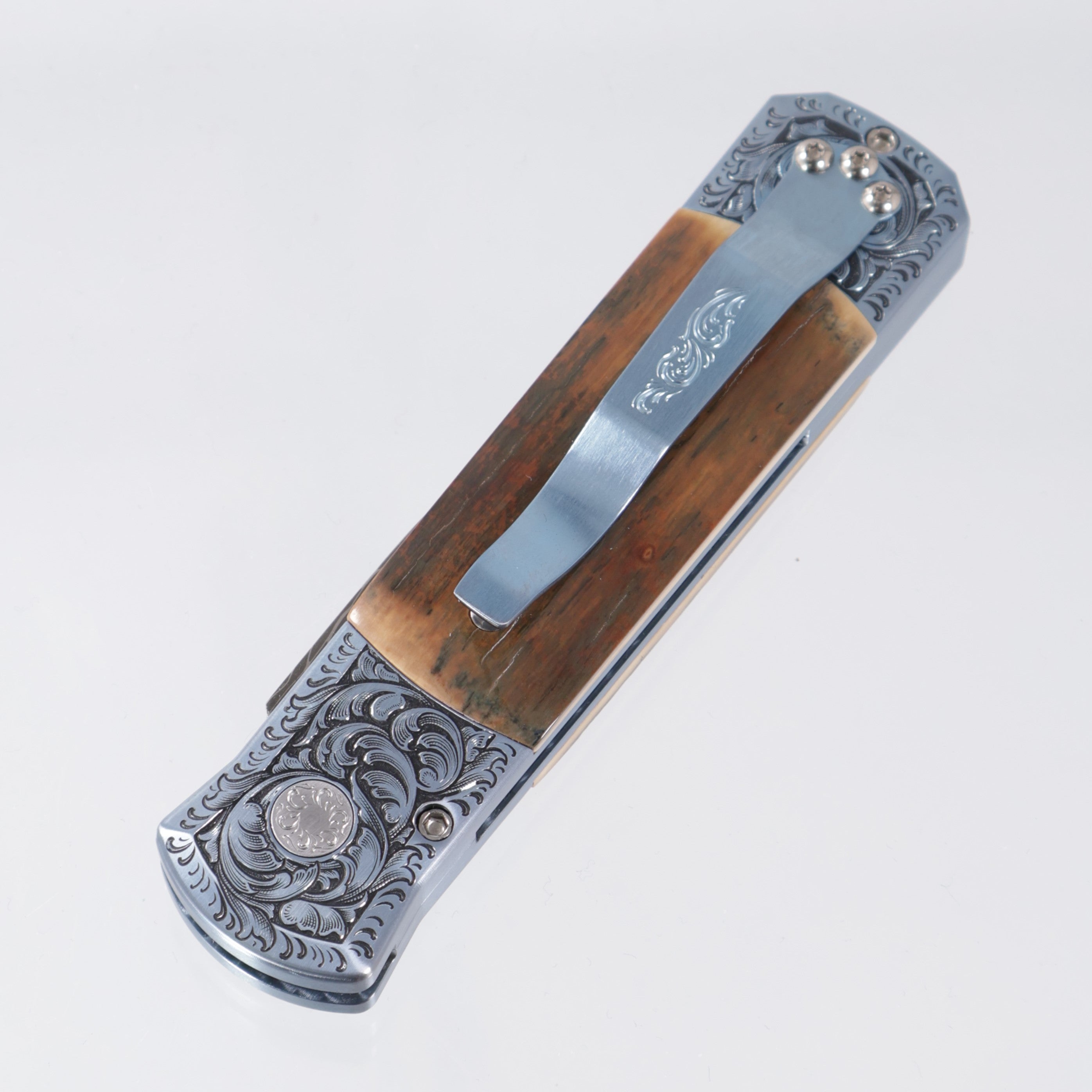 Pro-Tech Godson Ultimate Custom - Light Blue Hand Satin finished Titanium Frame w/ Hand Engraving by Tyler W. Prince - Ancient Bark Mastodon Inlays & Mosaic Pin Button - Vegas Forge Vines & Roses Damascus Blade