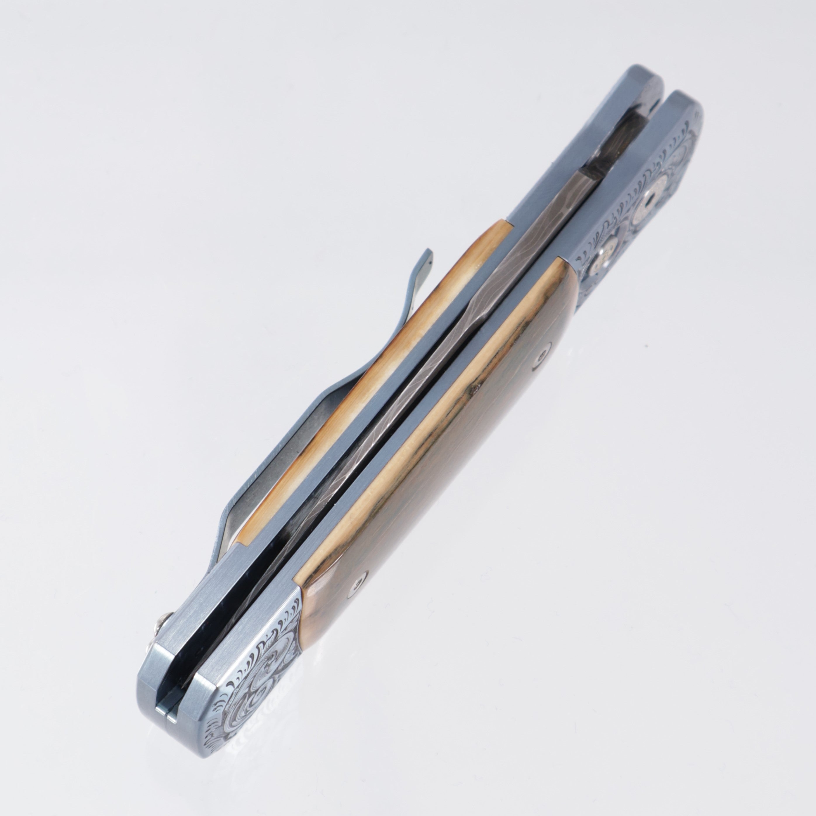 Pro-Tech Godson Ultimate Custom - Light Blue Hand Satin finished Titanium Frame w/ Hand Engraving by Tyler W. Prince - Ancient Bark Mastodon Inlays & Mosaic Pin Button - Vegas Forge Vines & Roses Damascus Blade