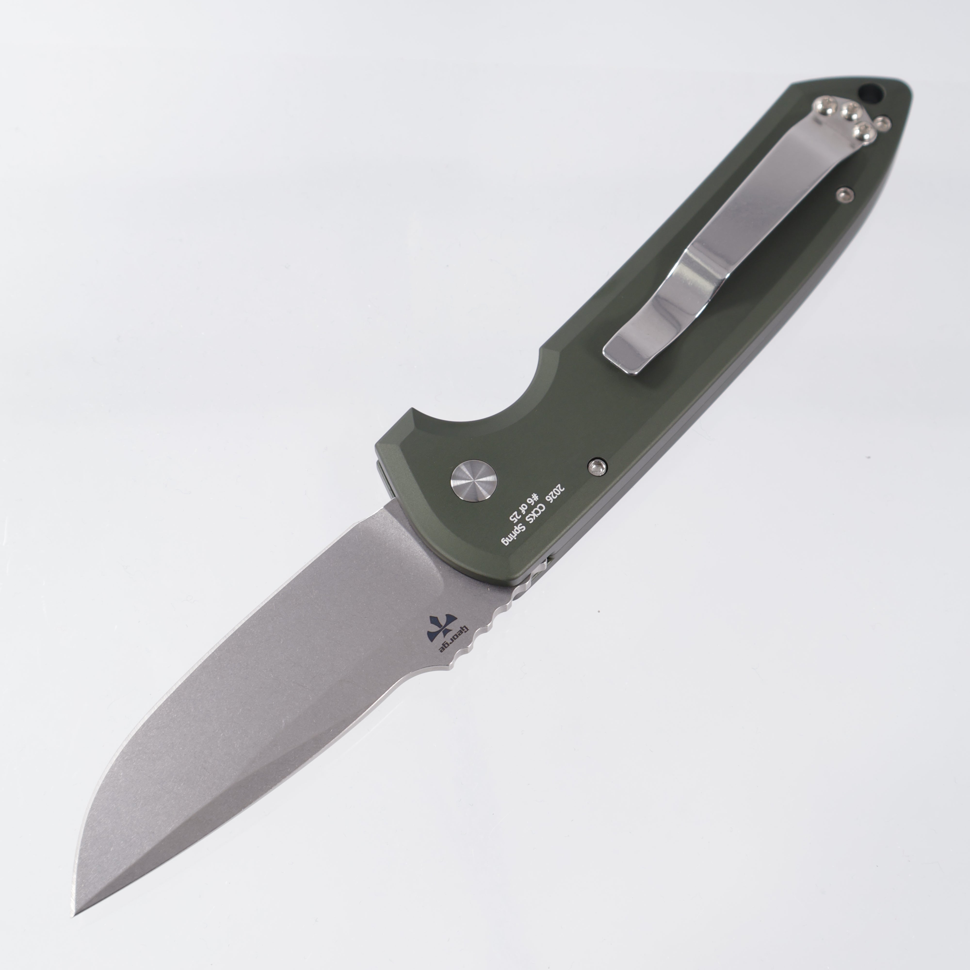 Pro-Tech Rockeye - Green Aluminum Handle w/ Black Lip Pearl button - Stonewash Magnacut - CCKSS26.Rockeye.1