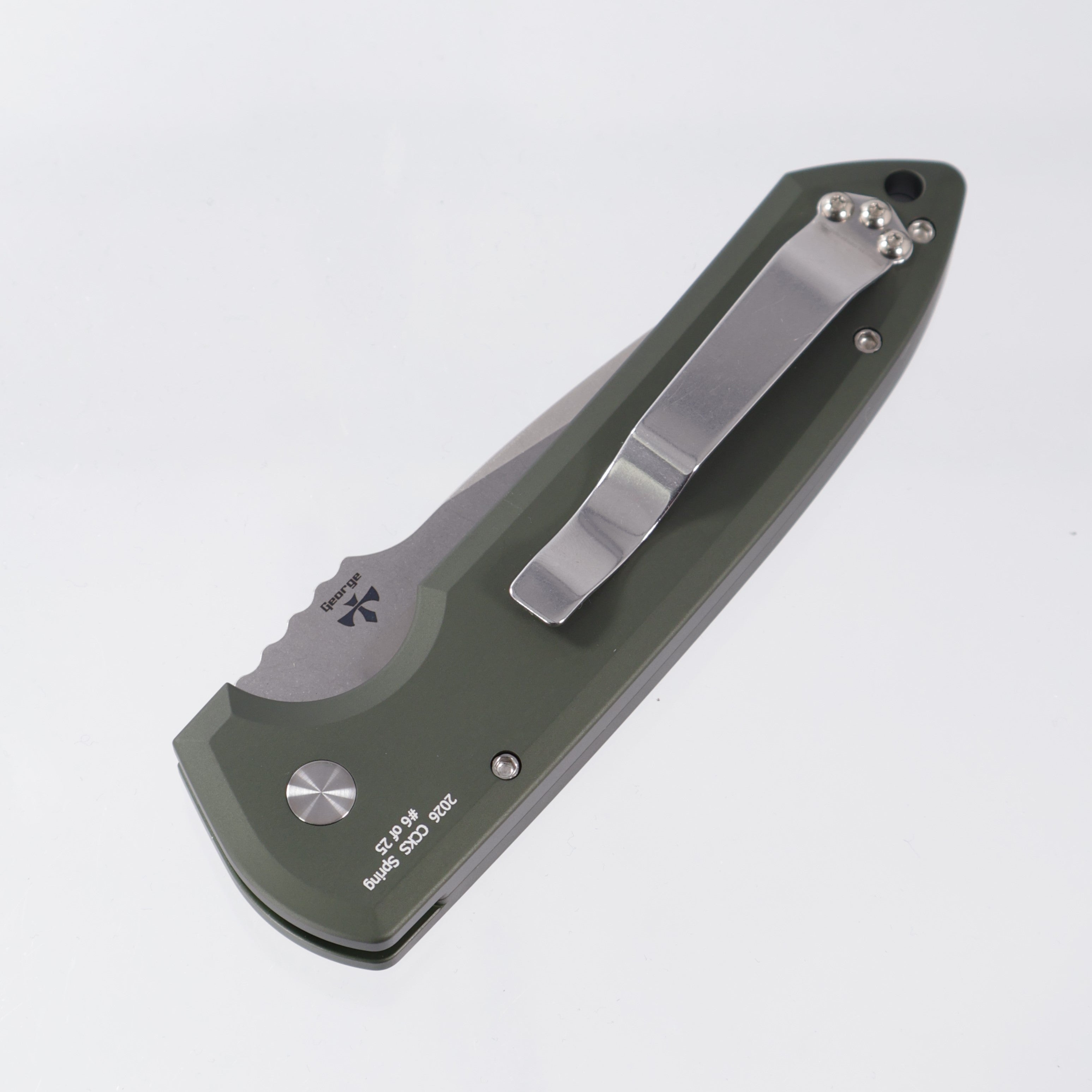 Pro-Tech Rockeye - Green Aluminum Handle w/ Black Lip Pearl button - Stonewash Magnacut - CCKSS26.Rockeye.1