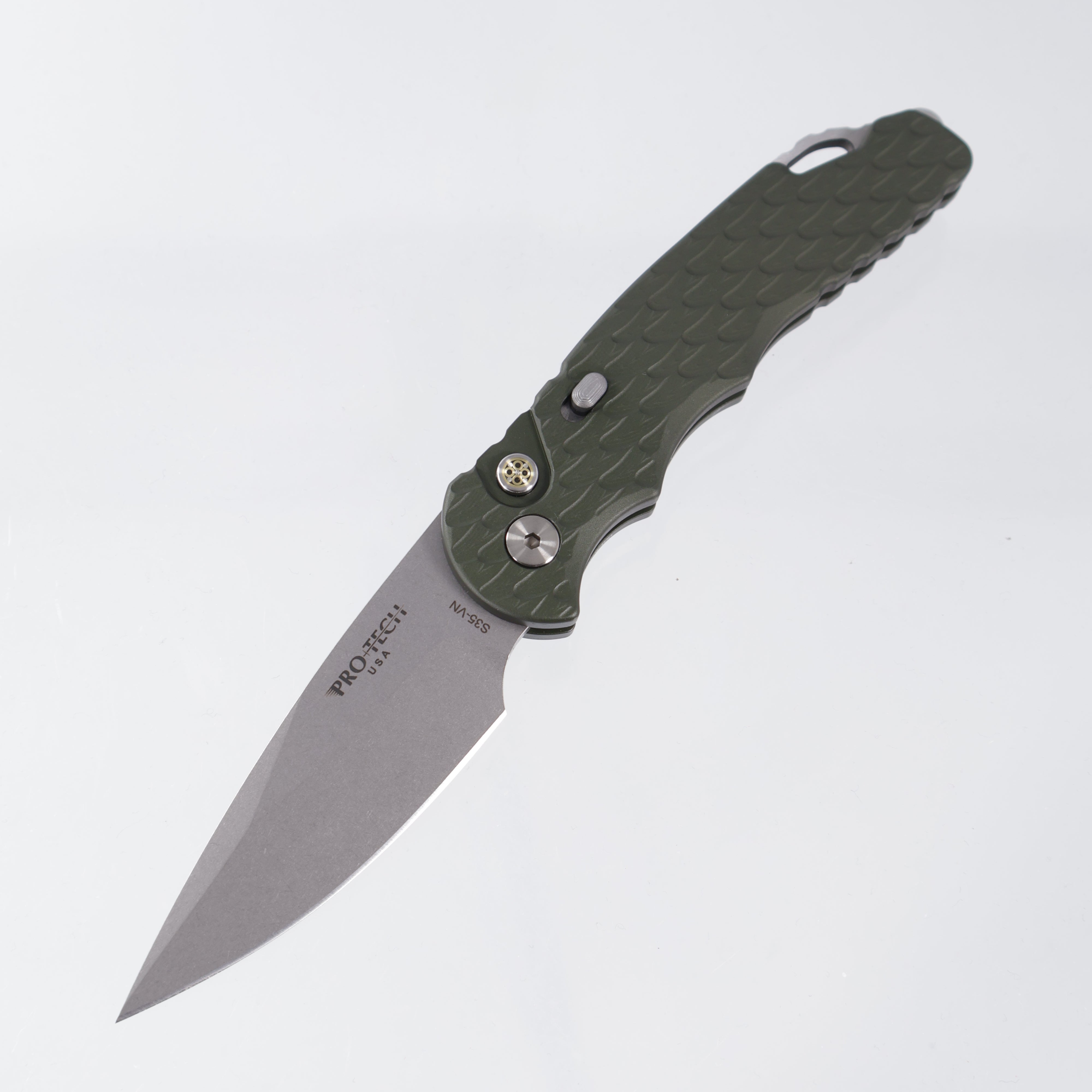 Pro-Tech TR-5 - OD Green Aluminum w/ Safety & Mosaic Pin Button - Stonewash S35VN - BST26.TR5.1