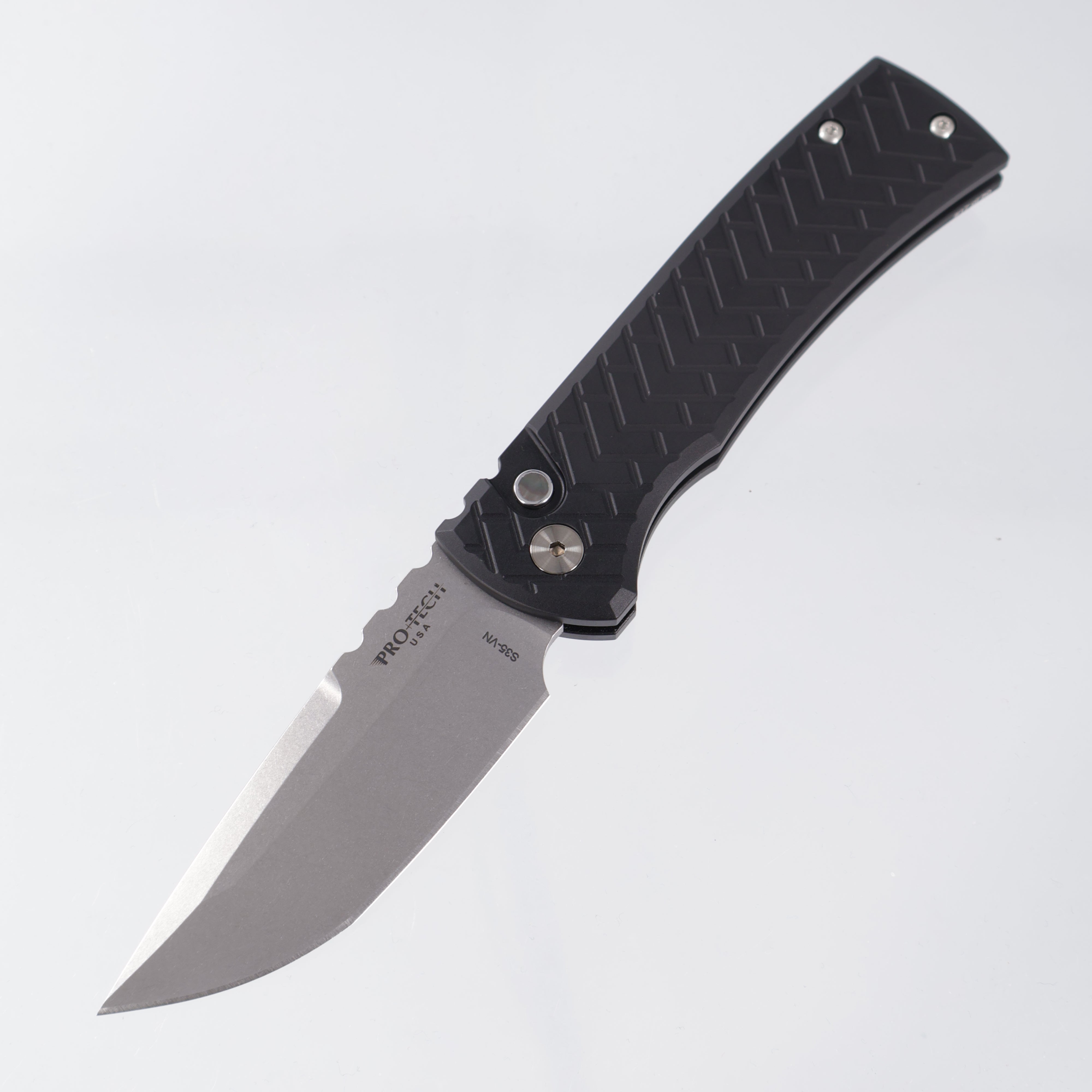 Pro-Tech Redencion Auto Tanto - Black Tread Texture Aluminum w/ Black Lip Pearl Button - Stonewash S35VN - BST26.Redencion.1