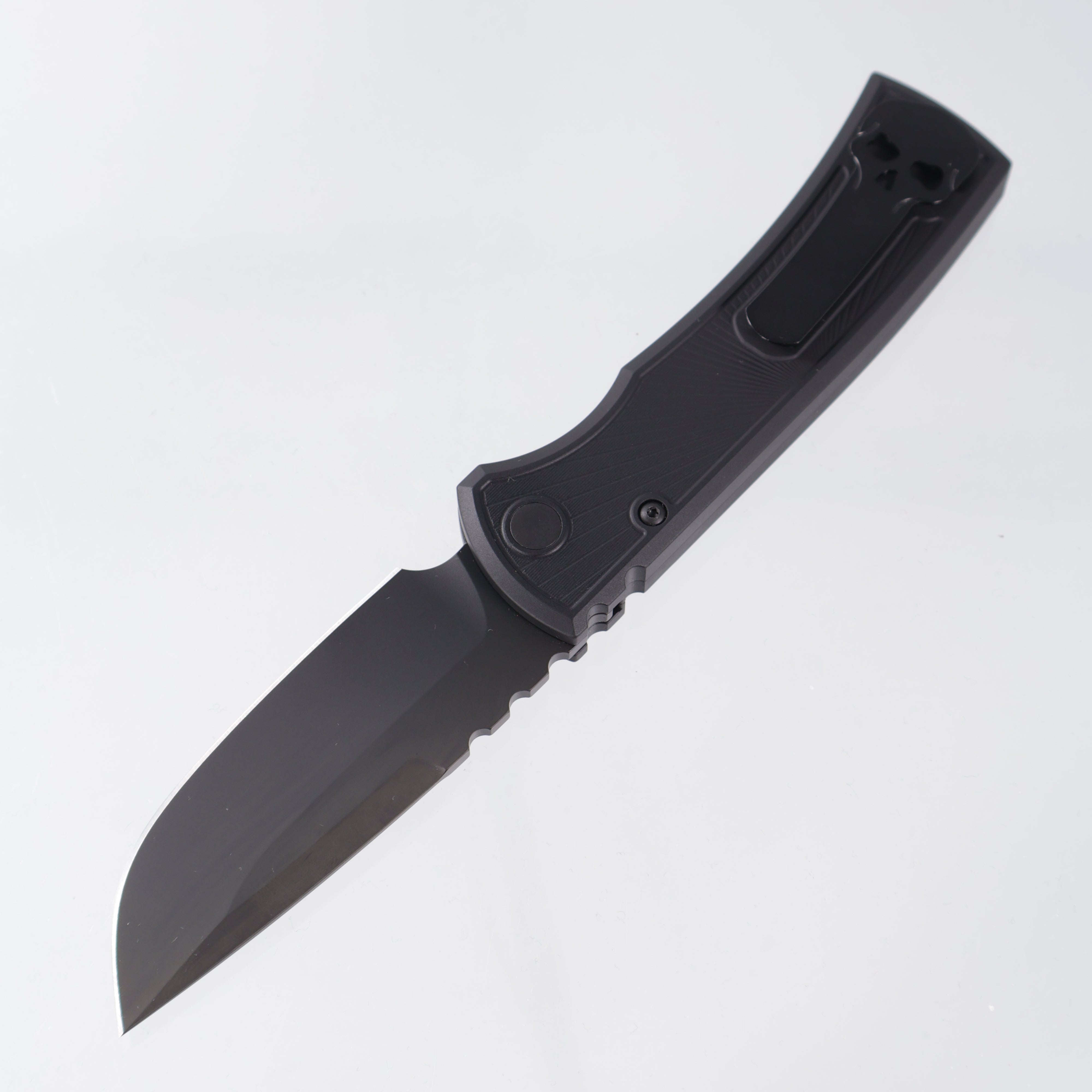 Pro-Tech Redencion Auto Drop Point Operator - Black Key Pattern Aluminum w/ Tritium Button Inlay - Sterile DLC S35VN - RCR2106-KEY OP