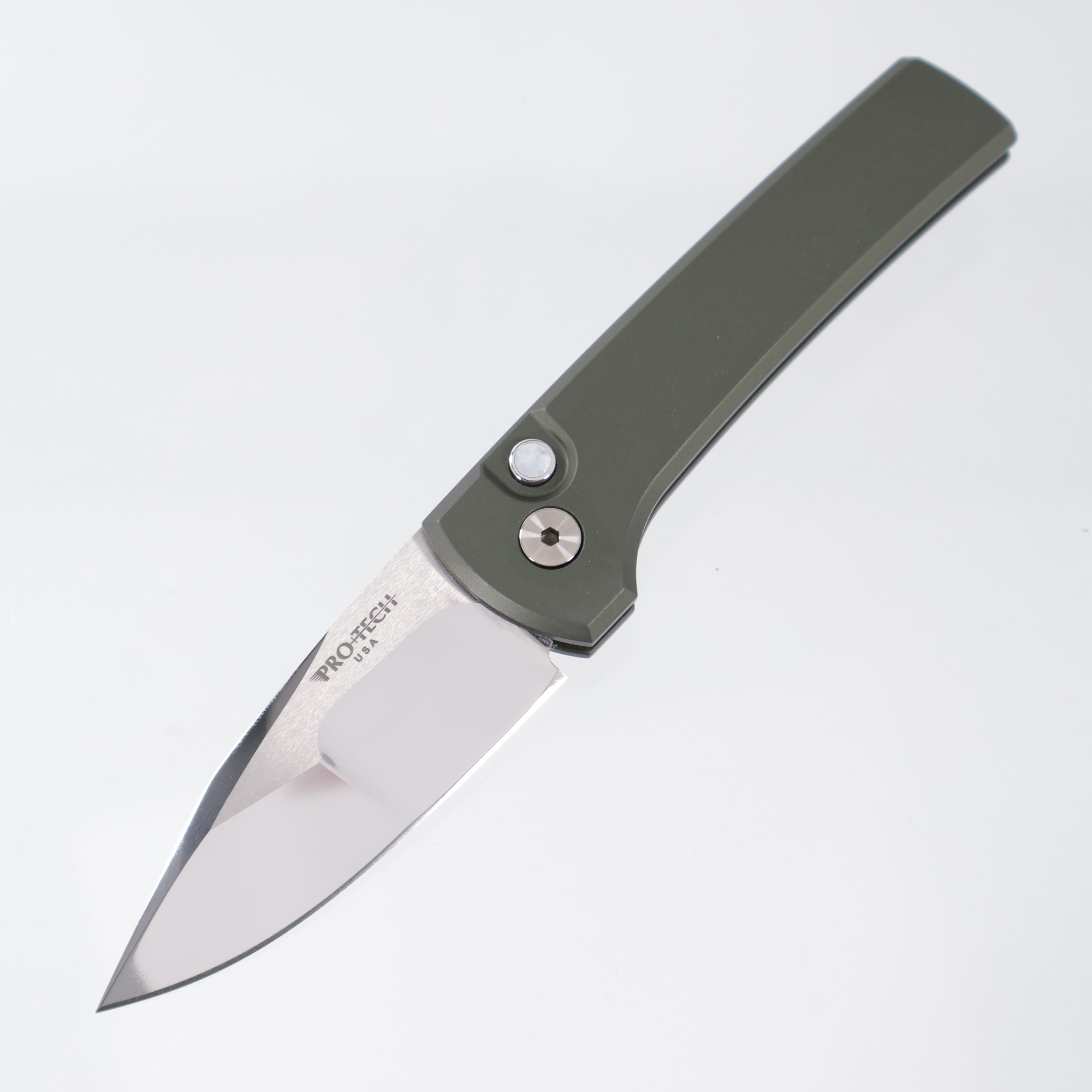 Pro-Tech Scapegoat Compact Custom - OD Green Aluminum w/ Black Lip Pearl Button - Mike Irie Compound Grind Mirror Polish 154CM - 2026 Scapegoat Compact Custom 003
