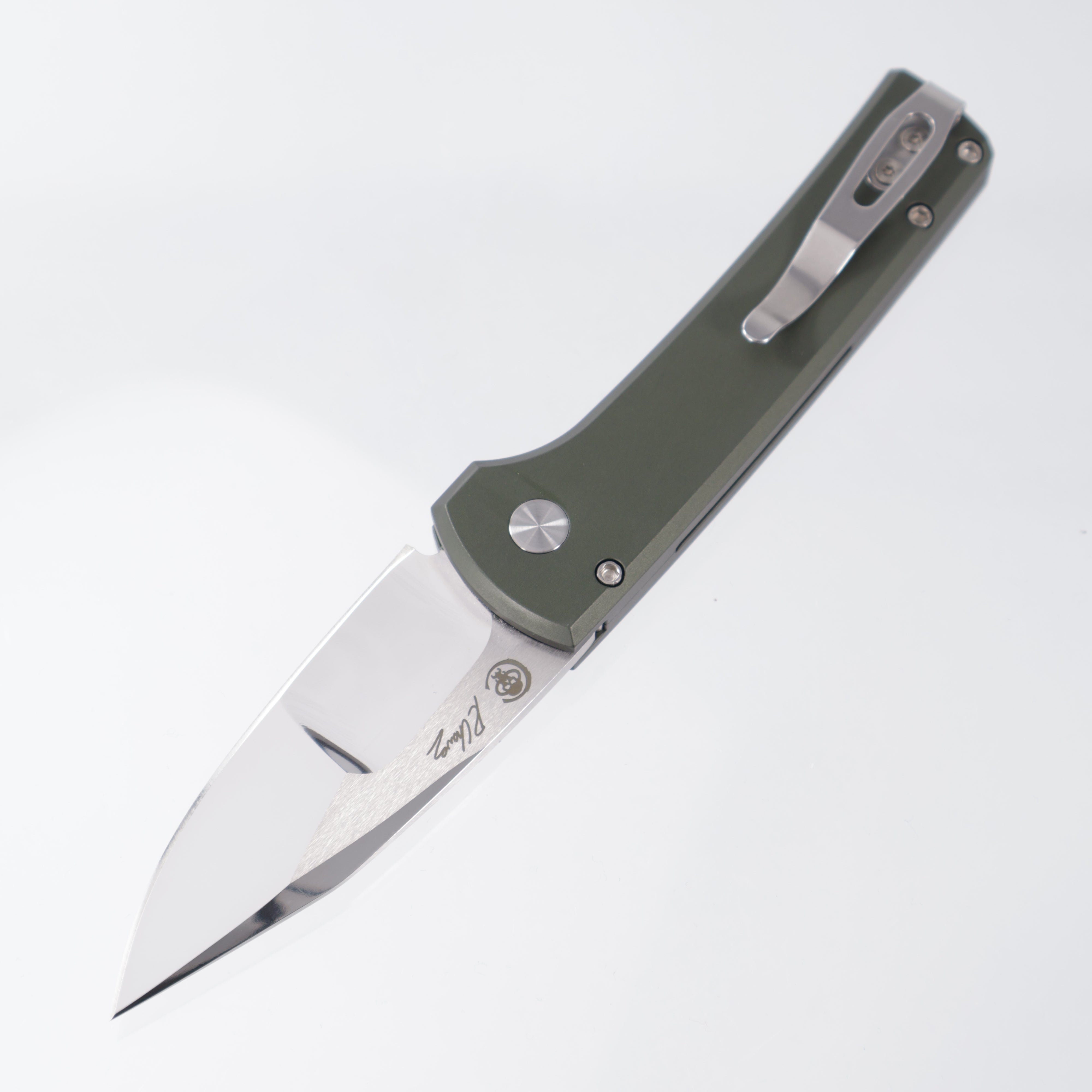 Pro-Tech Scapegoat Compact Custom - OD Green Aluminum w/ Black Lip Pearl Button - Mike Irie Compound Grind Mirror Polish 154CM - 2026 Scapegoat Compact Custom 003