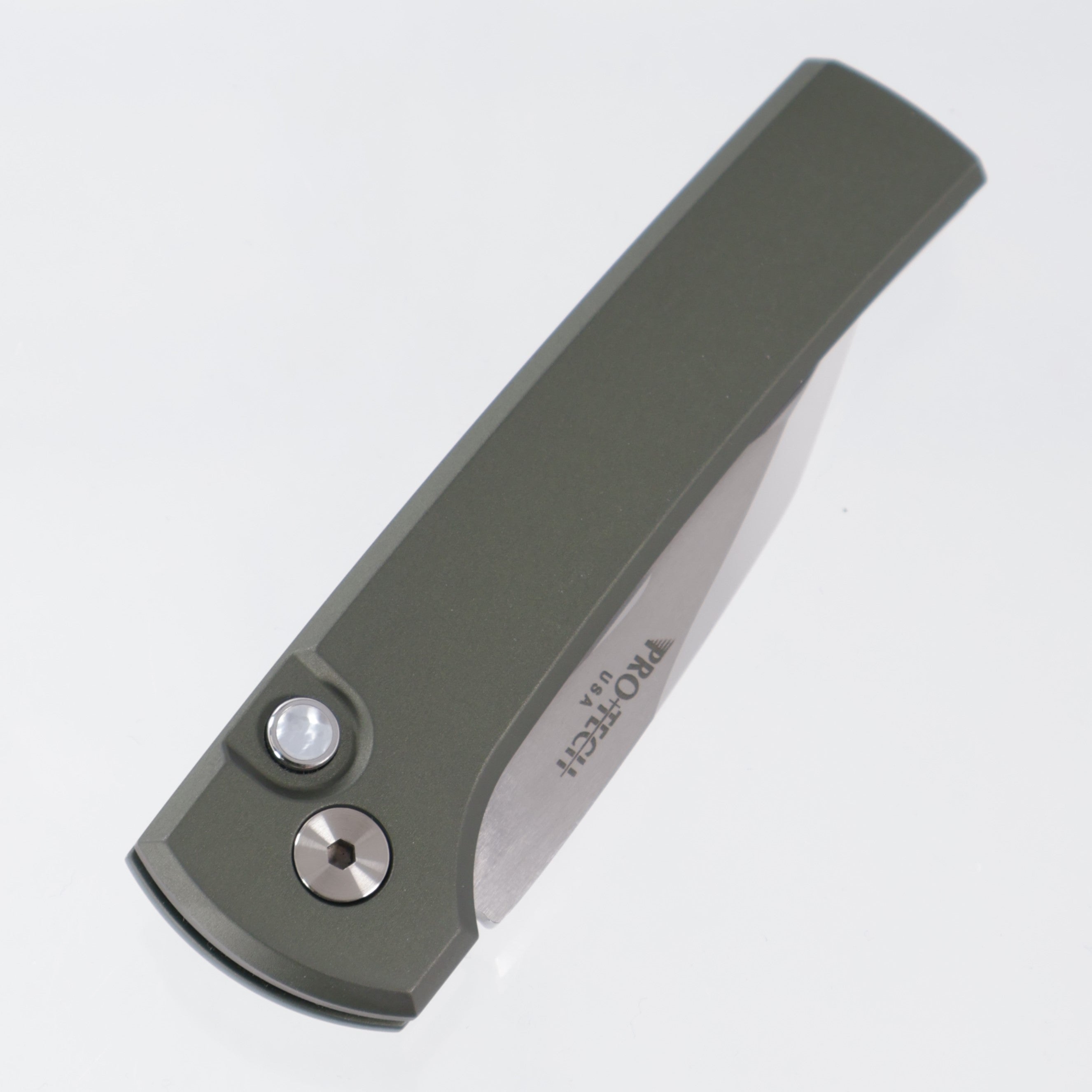 Pro-Tech Scapegoat Compact Custom - OD Green Aluminum w/ Black Lip Pearl Button - Mike Irie Compound Grind Mirror Polish 154CM - 2026 Scapegoat Compact Custom 003