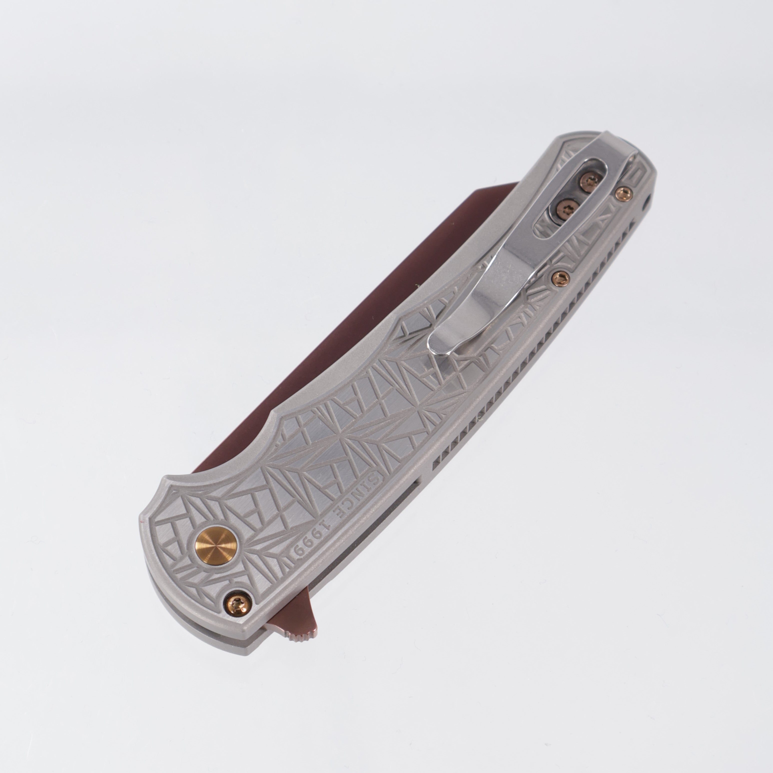 Pro-Tech Malibu Custom - Copper Rose PVD Magnacut & Matching Hardware - Nexus Pattern Two-Tone Steel Handle w/ Black Lip Pearl Button - 2026 Malibu Custom 003