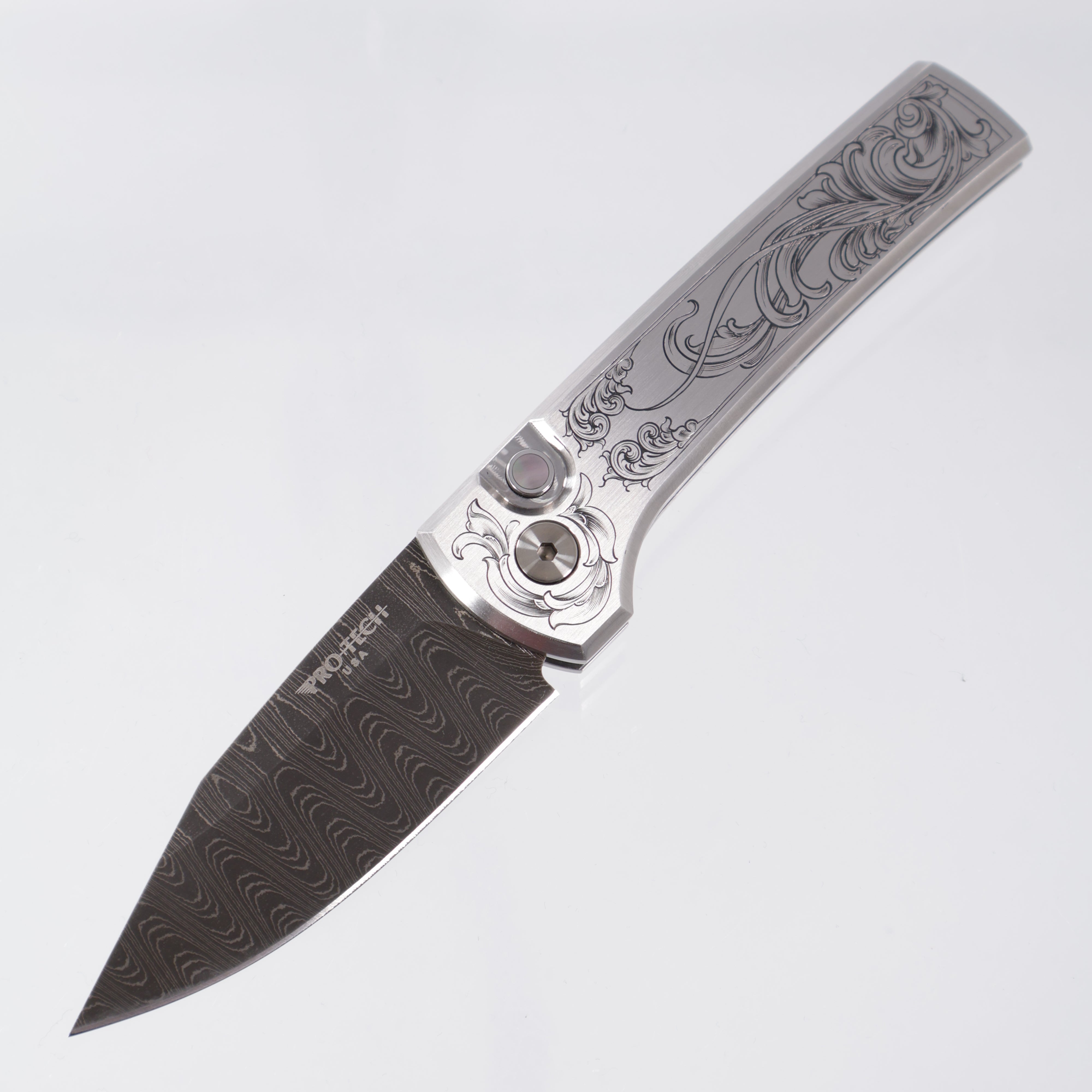 Pro-Tech Scapegoat Compact Steel Ultimate Custom - Steel w/ Scroll Hand Engraving - Vegas Forge Ladder Damascus - Black Lip Pearl Button & Ti Clip - Ramon Chaves Design